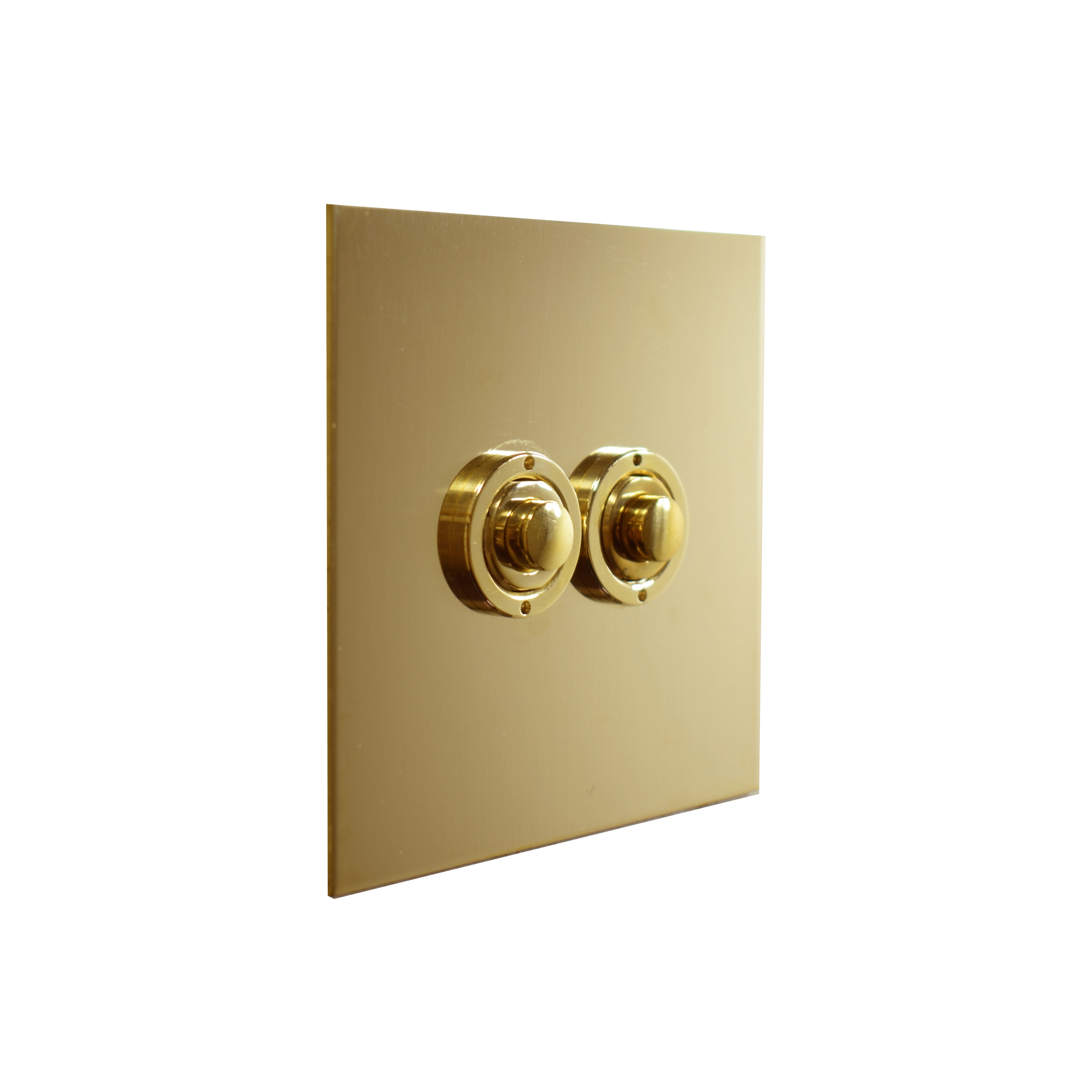 Display product Unlacquered Brass two gang button dimmer from manufacturer Forbes & Lomax
