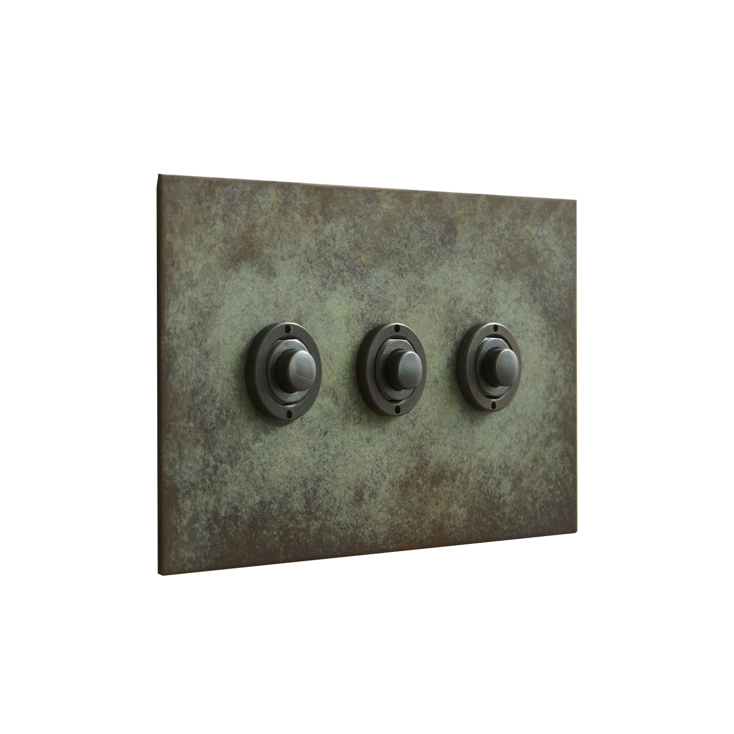 Display product Verdgris three gang button dimmer from manufacturer Forbes & Lomax