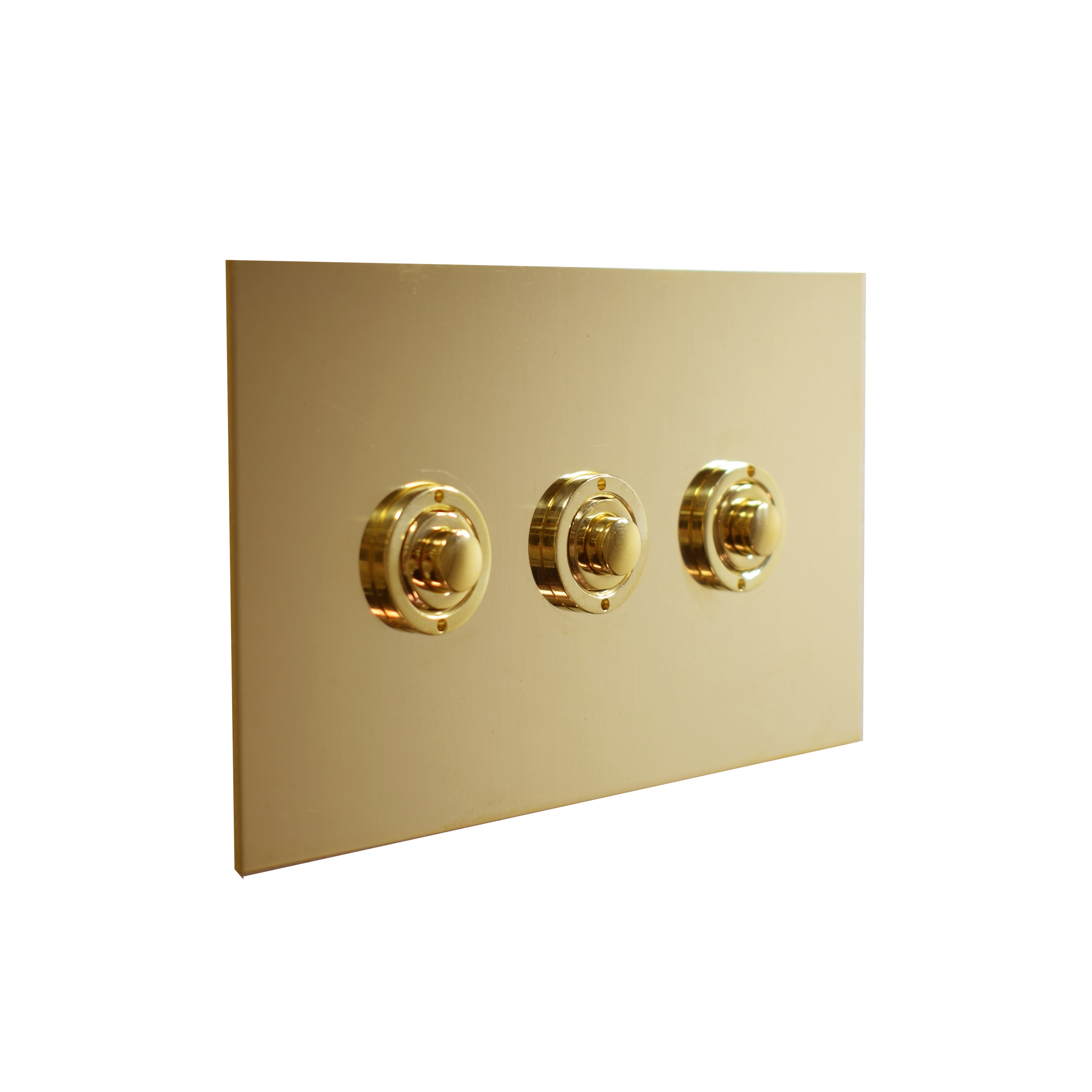 Display product Unlacquered Brass three gang button dimmer from manufacturer Forbes & Lomax