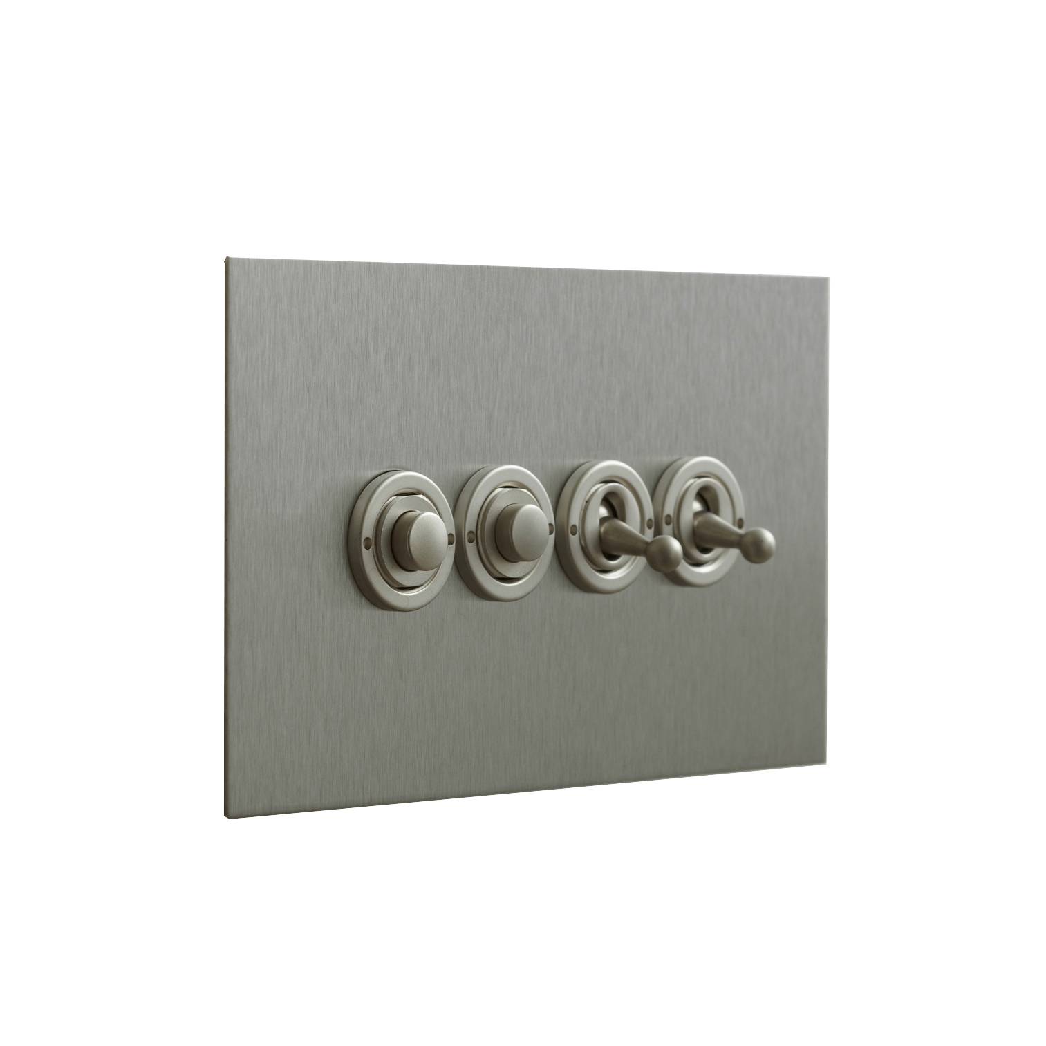 Display product Stainless Steel four gang dolly and button dimmer from manufacturer Forbes & Lomax