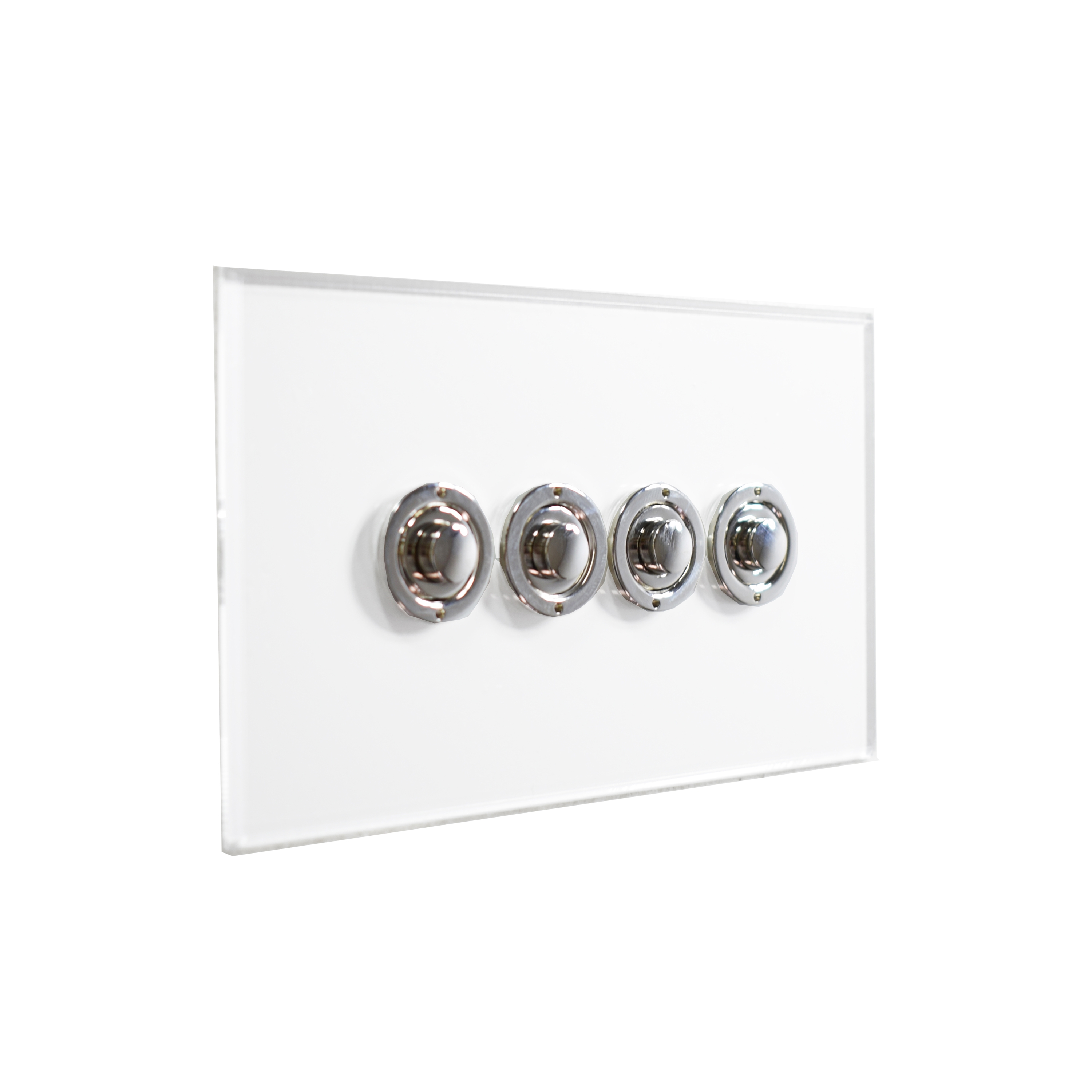 Display product Invisible Lightswitch® with four gang Nickel button dimmer from manufacturer Forbes & Lomax