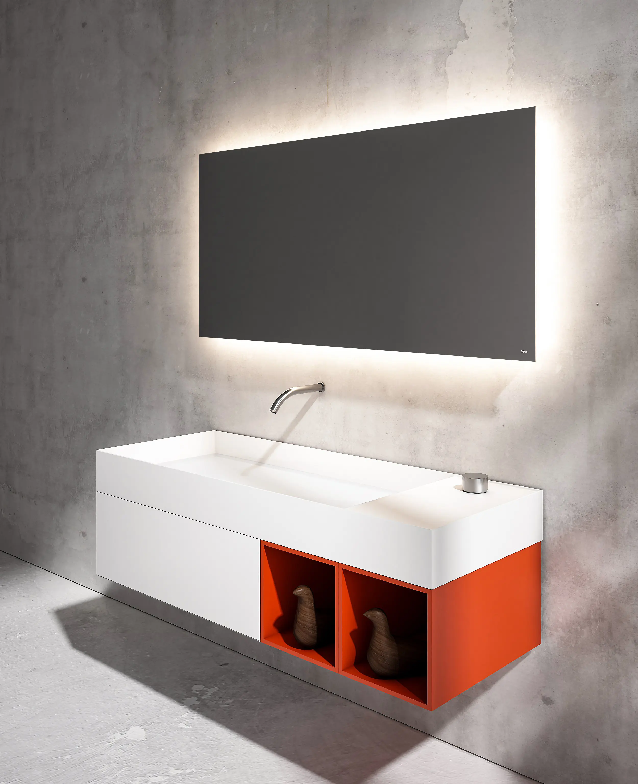 Falper - Quattro.Zero | Cabinet with 1 Drawer and Double Open Compartment with Countertop Sink in Cristalplant® Bio Active, Length 120-140cm