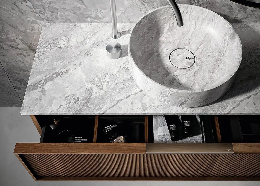 Falper - ViaVeneto Frame | Cabinet with Drawer, Marble Top and Sink, Length 120 cm