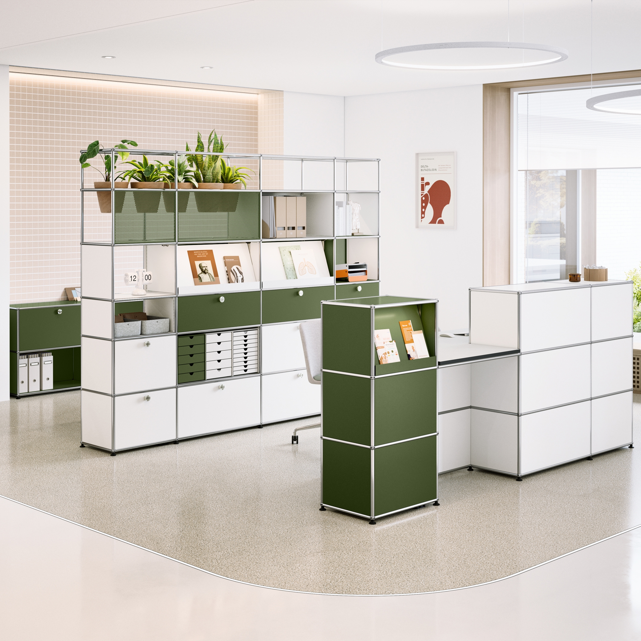 Display product USM Haller Reception Station | Olive Green & Pure White from manufacturer USM