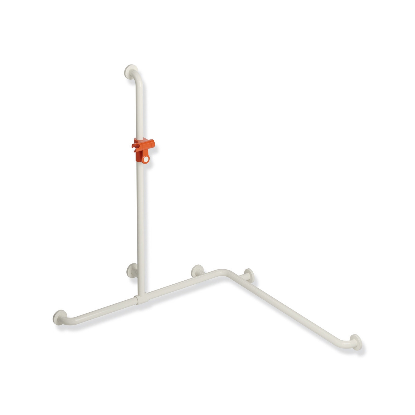 Shower grab rail with sideways adjustable vertical support bar and shower head holder