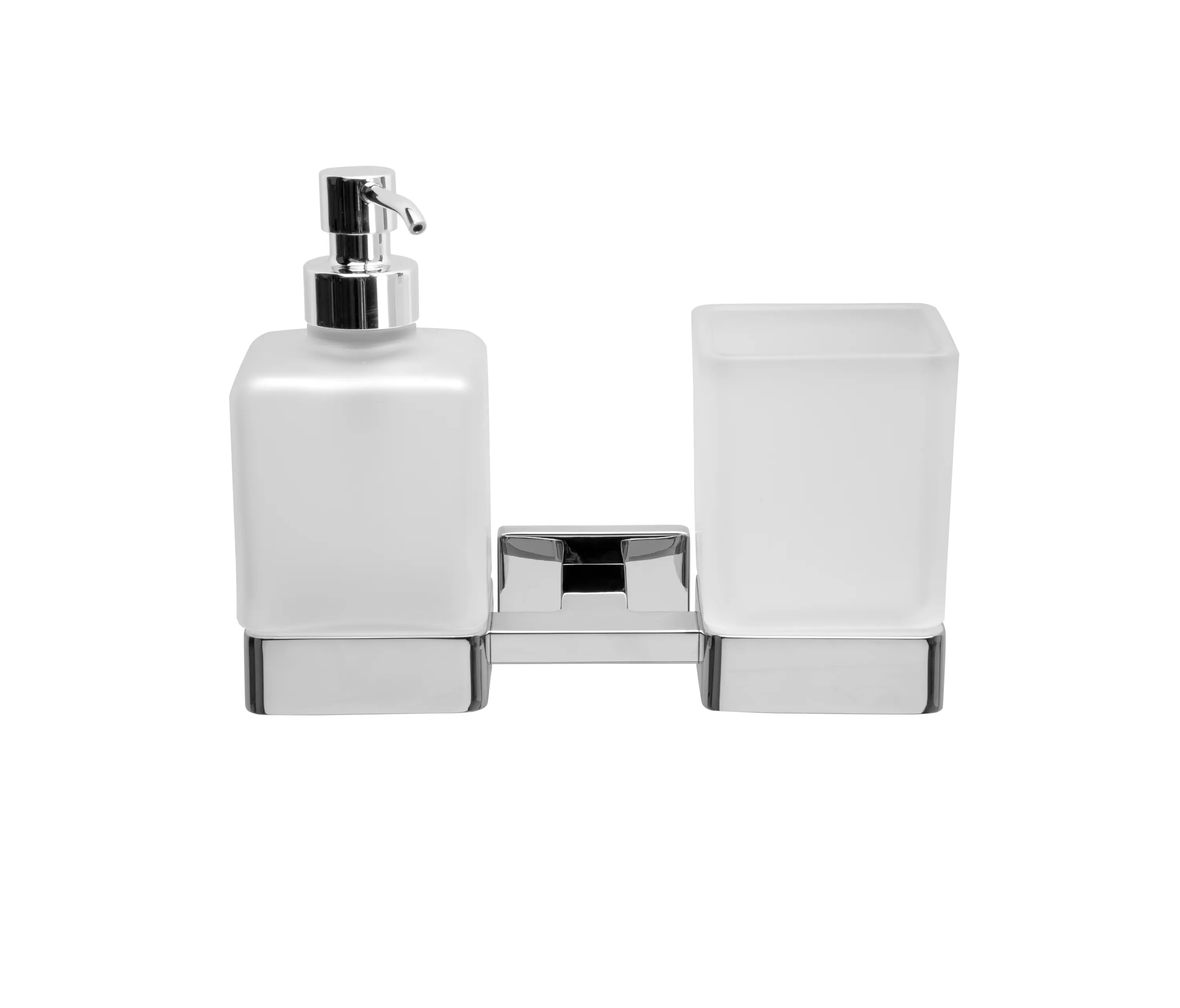 Inda - Lea Wall-mounted double support with satined glass tumbler and soap dispenser and chrome-plated brass pump