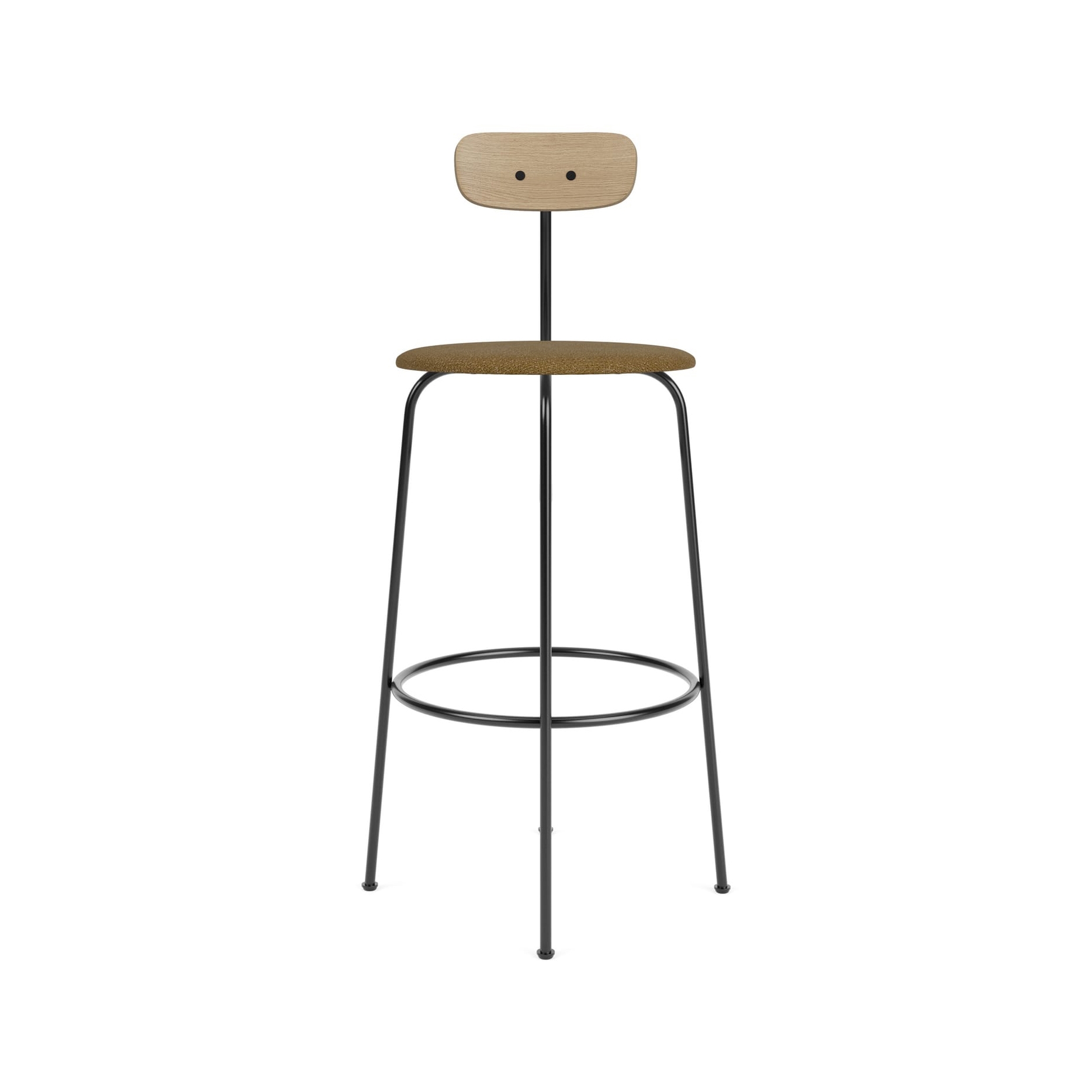 Afteroom Bar Chair | Black Base | Upholstered Seat, Veneer Back | Audo Bouclé 06 - Gold | Natural Oak