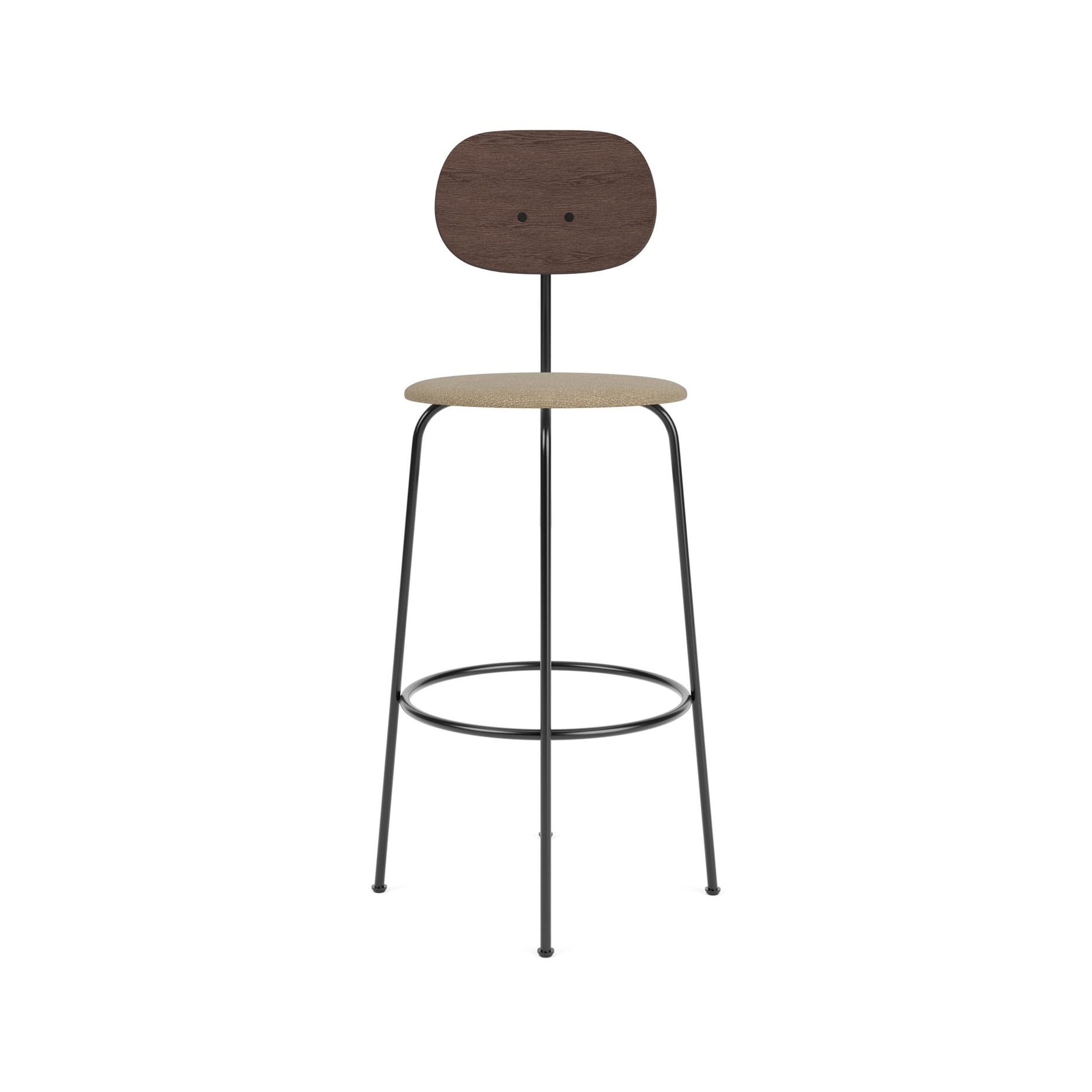 Display product Afteroom Bar Chair Plus | Black Base | Upholstered Seat, Veneer Back | Audo Bouclé 02 - Beige | Dark Stained Oak from manufacturer Audo Copenhagen