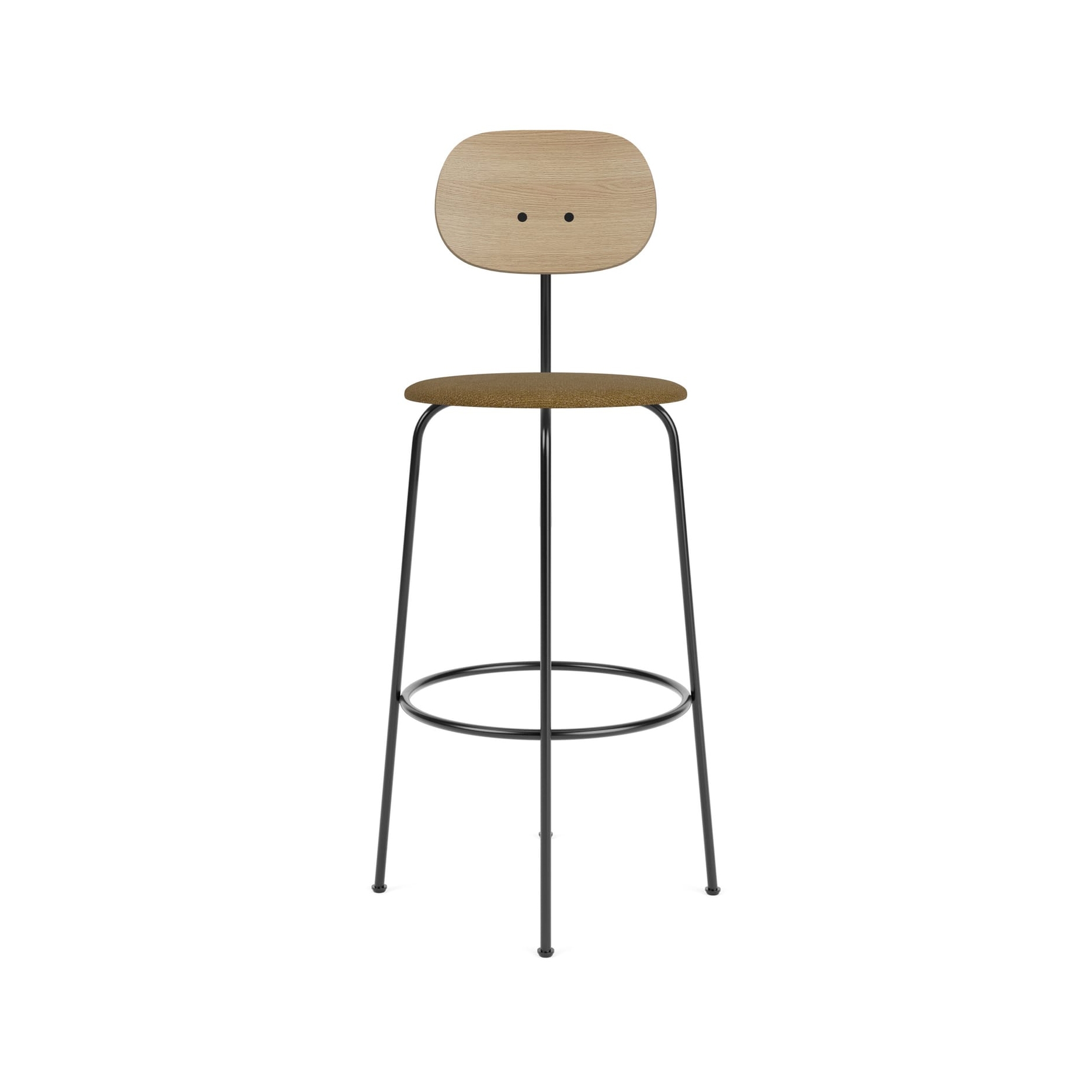 Afteroom Bar Chair Plus | Black Base | Upholstered Seat, Veneer Back | Audo Bouclé 06 - Gold | Natural Oak