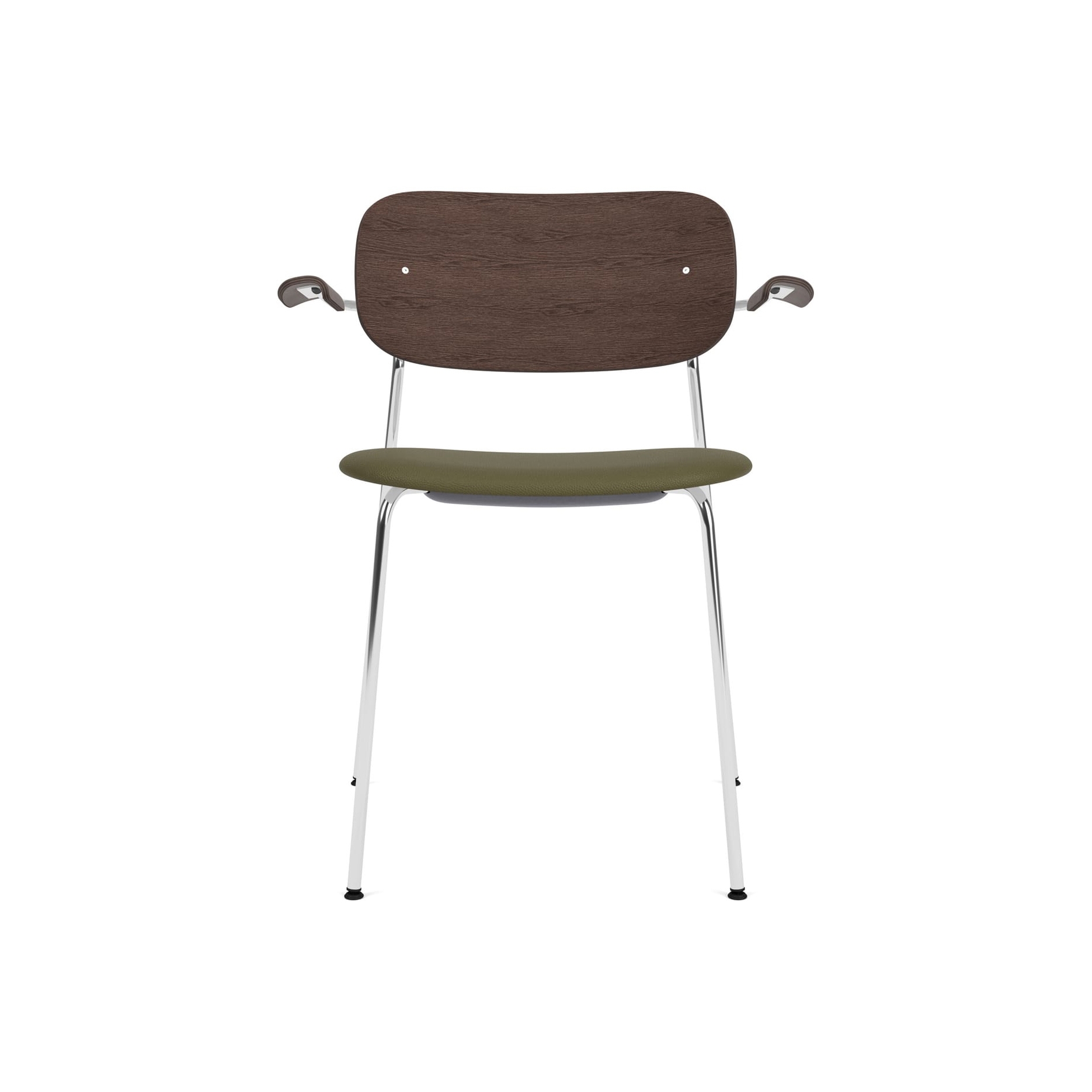 Co Dining Chair w. Armrest | Chrome Base | Upholstered Seat, Oak Back | Sierra - Army 0441 | Dark Stained Oak