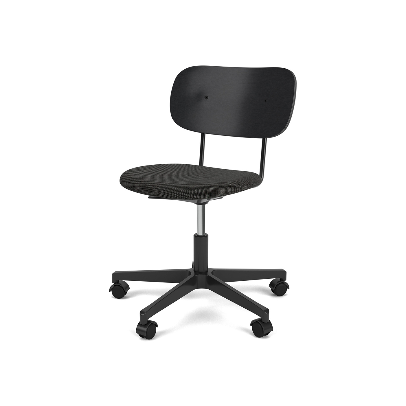 Vertoon produk Co Task Chair | Star Base w. Casters | Black Aluminum | Upholstered Seat, Veneer Back | Re-wool - Black, 0199 | Black Oak van vervaardiger Audo Copenhagen