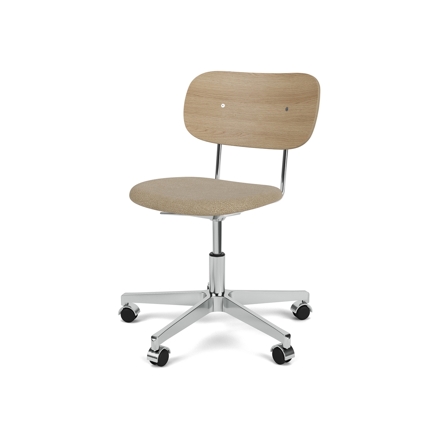 Vertoon produk Co Task Chair | Star Base w. Casters | Polished Aluminum | Upholstered Seat, Veneer Back | Audo Bouclé - Beige, 03 | Natural Oak van vervaardiger Audo Copenhagen