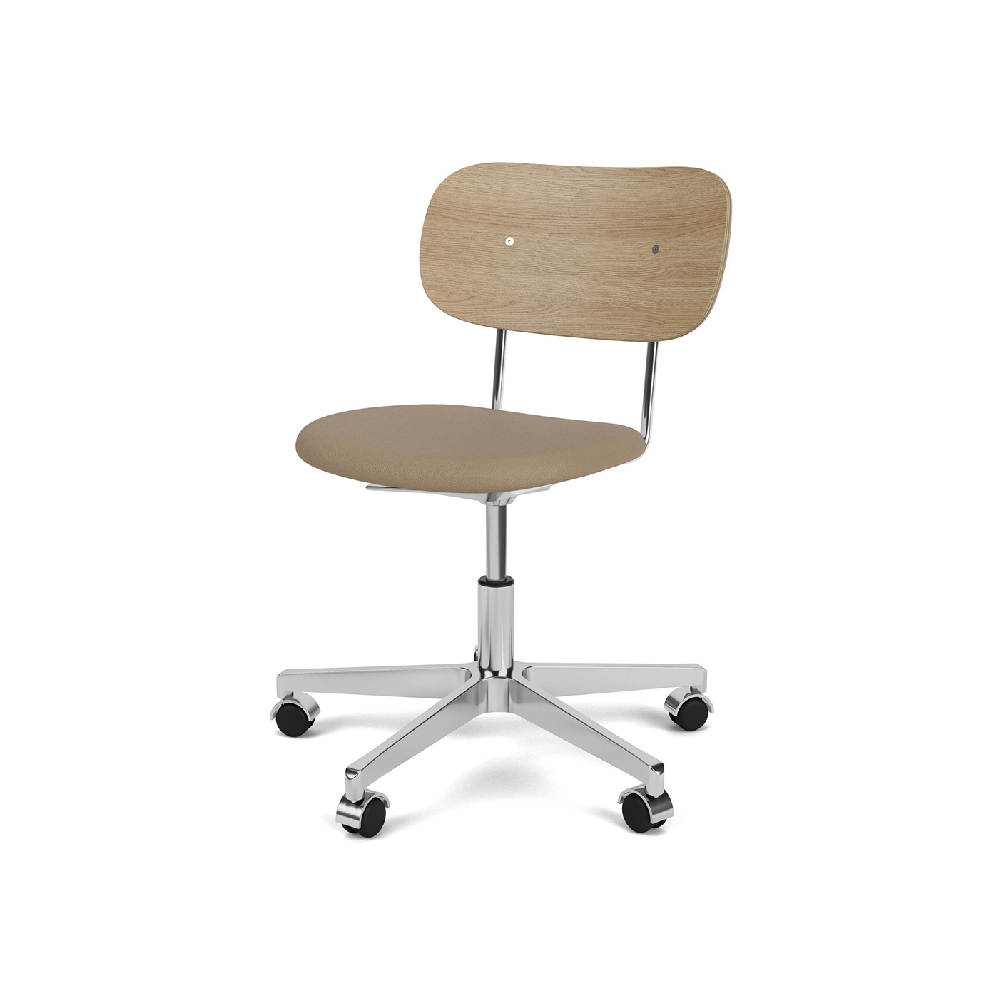 Co Task Chair | Star Base w. Casters | Polished Aluminum | Upholstered Seat, Veneer Back | Sierra - Stone, 1611 | Natural Oak