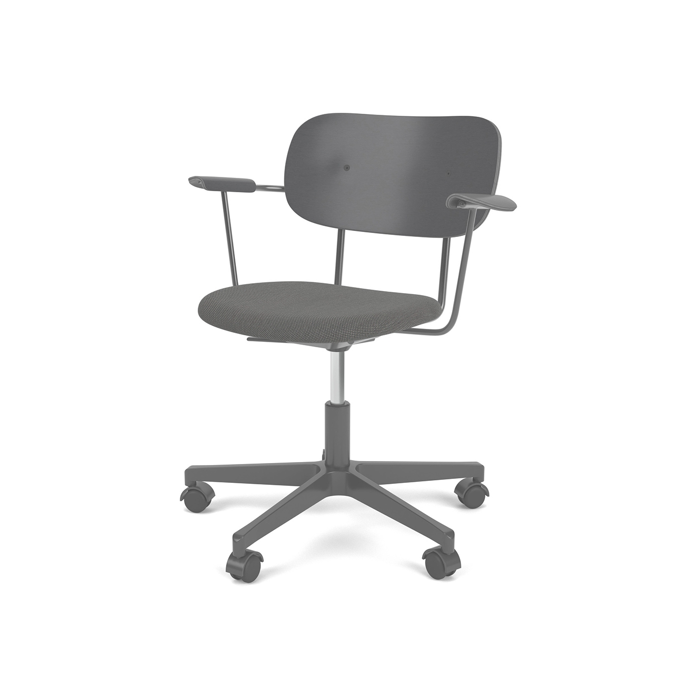 Vertoon produk Co Task Chair W. Armrest | Star Base w. Casters, Black Aluminium | Upholstered Seat, Veneer Back | Re-wool - Black, 0198 | Black Oak van vervaardiger Audo Copenhagen