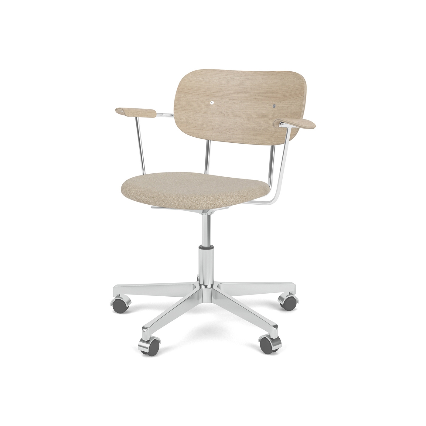 Vertoon produk Co Task Chair W. Armrest | Star Base w. Casters, Polished Aluminium | Upholstered Seat, Veneer Back | Audo Bouclé 02 - Beige 02 | Natural Oak van vervaardiger Audo Copenhagen