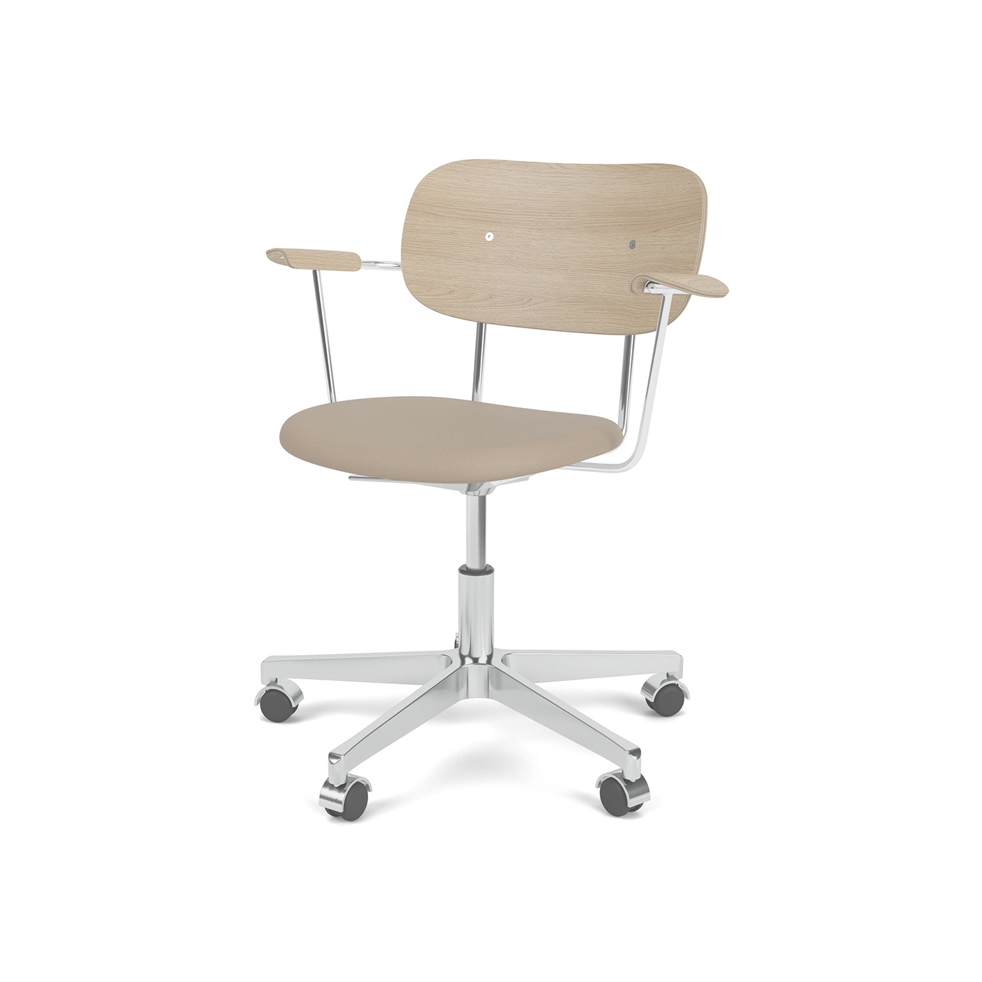 Co Task Chair W. Armrest | Star Base w. Casters, Polished Aluminium | Upholstered Seat, Veneer Back | Sierra - Stone, 1611 | Natural Oak