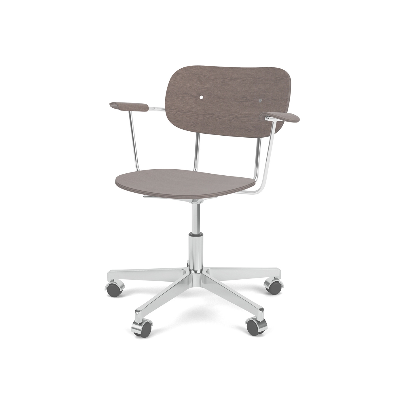 Co Task Chair W. Armrest | Star Base w. Casters, Polished Aluminium | Veneer Seat and Back | Dark Stained Oak
