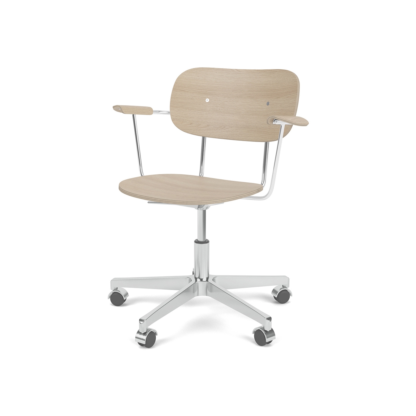 Co Task Chair W. Armrest | Star Base w. Casters, Polished Aluminium | Veneer Seat and Back | Natural Oak