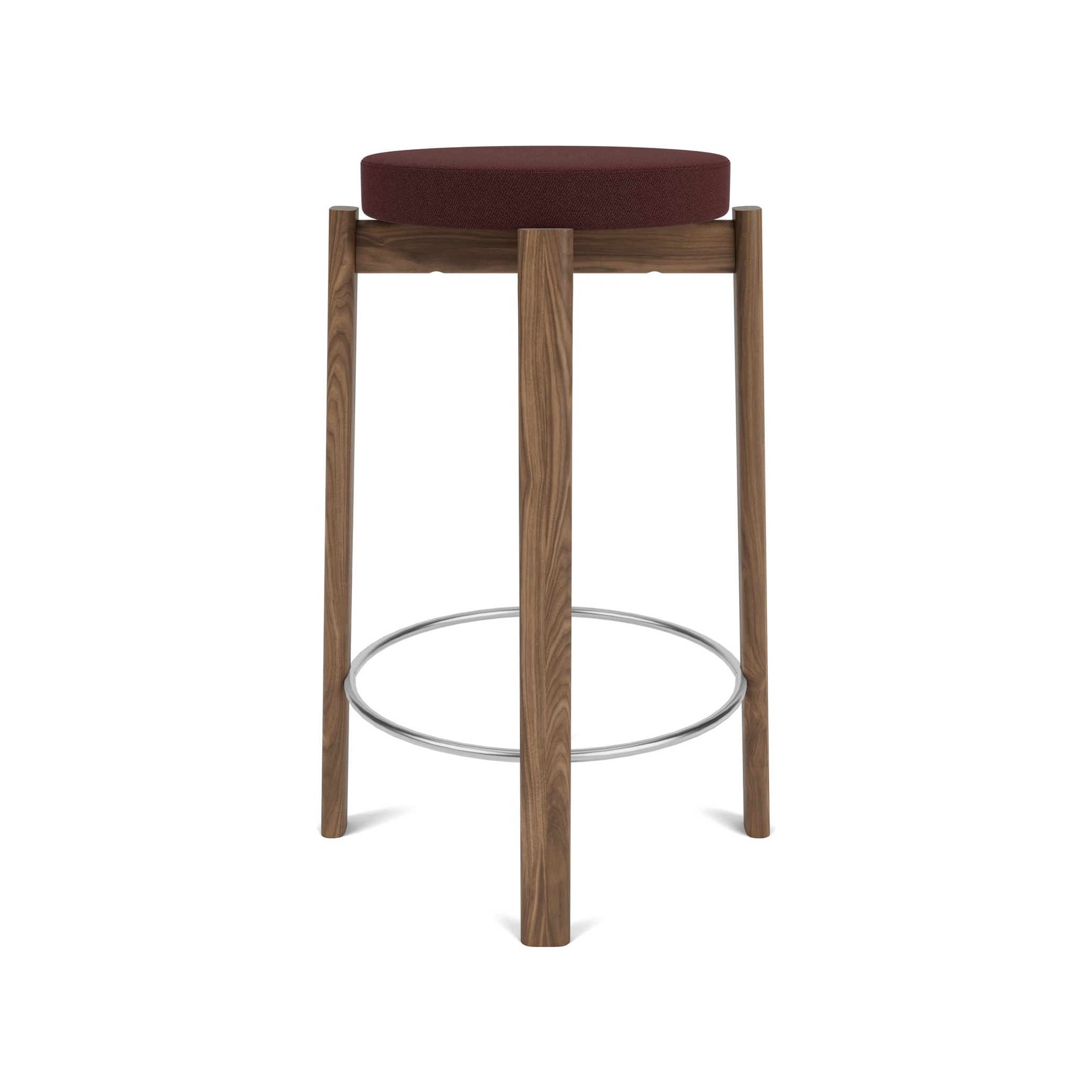Passage Counter Stool, Walnut Base, Upholstered Seat, Steel Ring | Vidar - Burgundy, 0693
