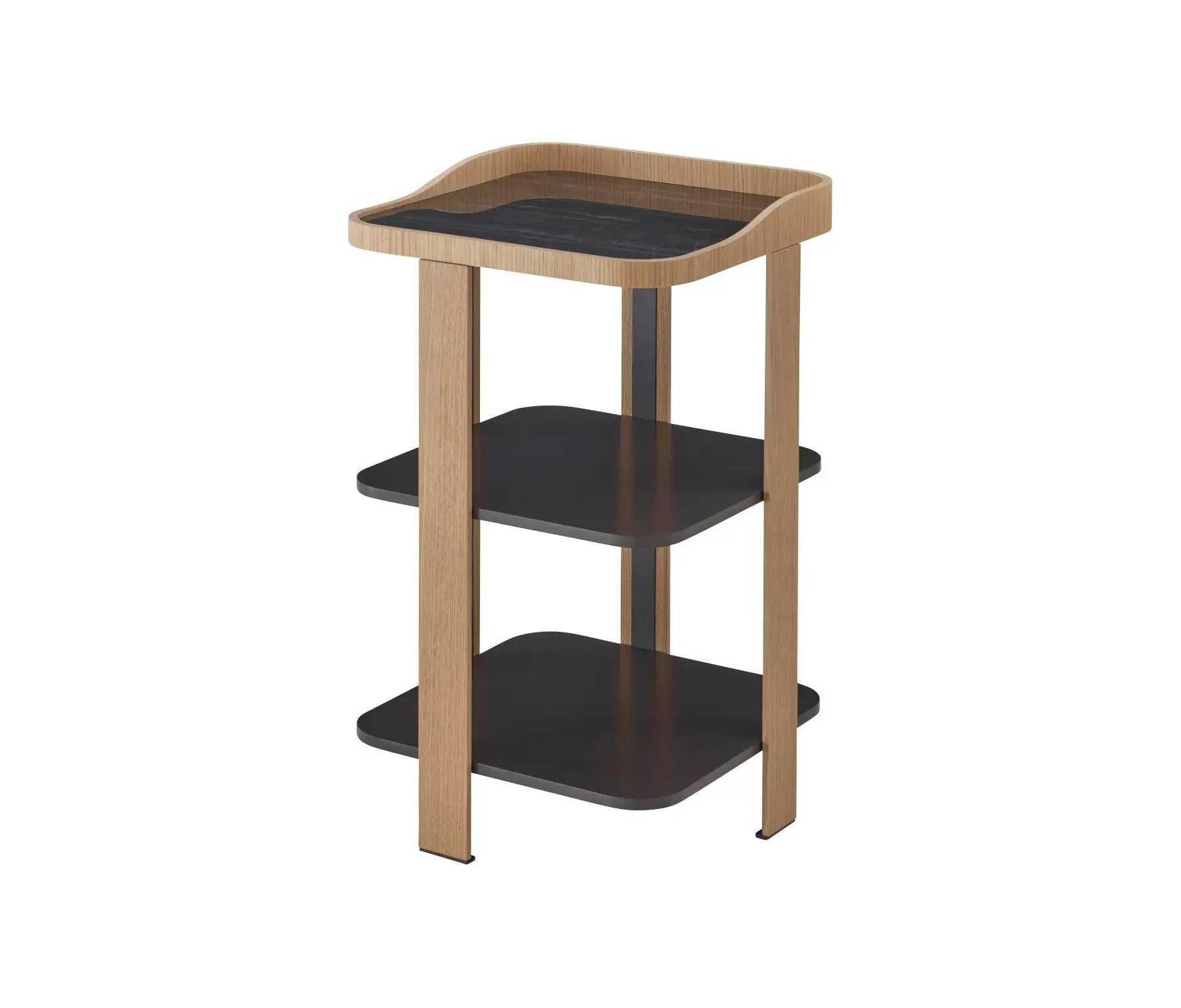 Ligne Roset - Postmoderne | Chevet Pieds Et Ceinture Chene Naturel Plateau Gres Aspect Marbre Noir Brillant