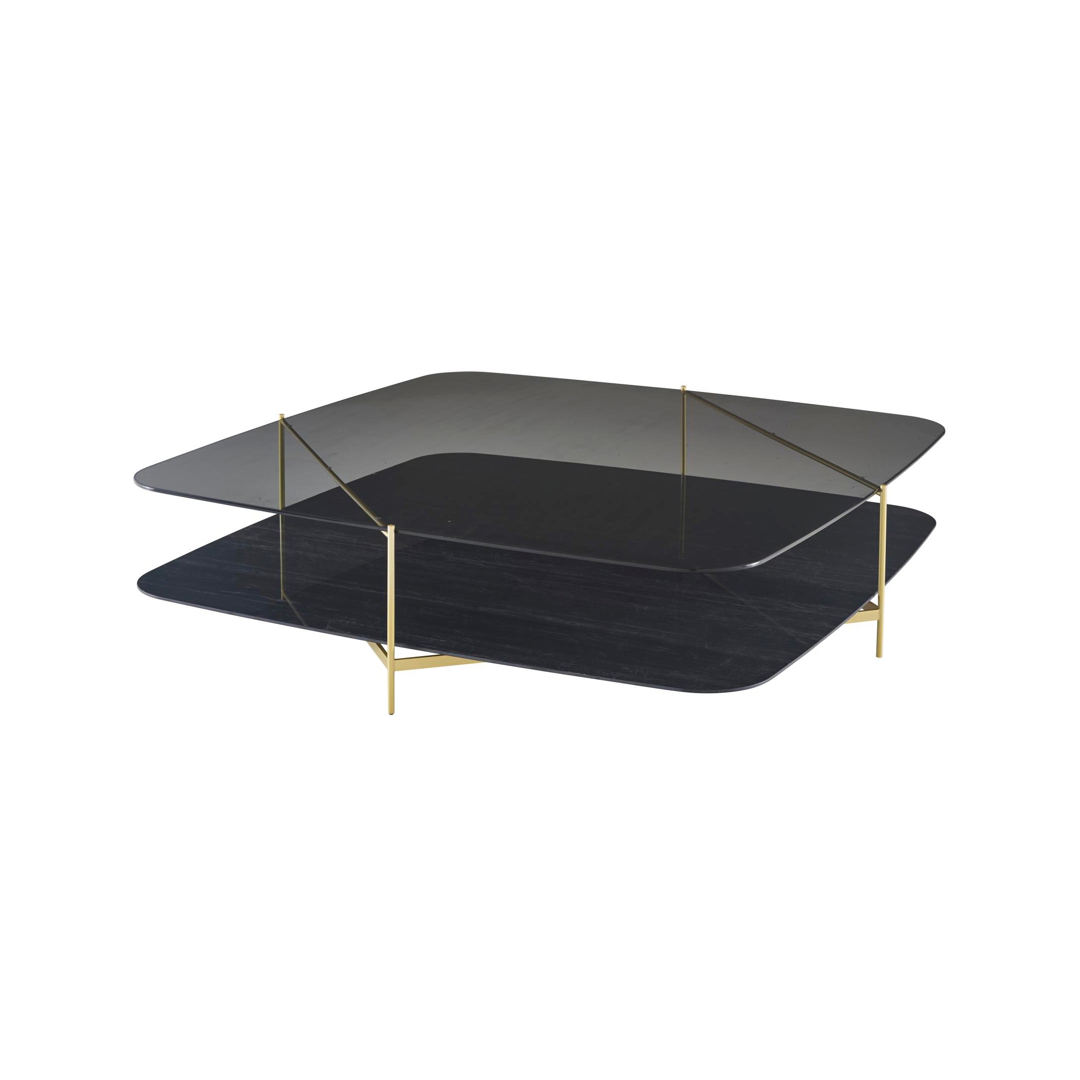 Display product Clyde | Low Table - Brass-Effect Steel Structure Upper Top In Grey Smoked Glass Lower Top In Black Marble-Effect Ceramic Stoneware from manufacturer Ligne Roset