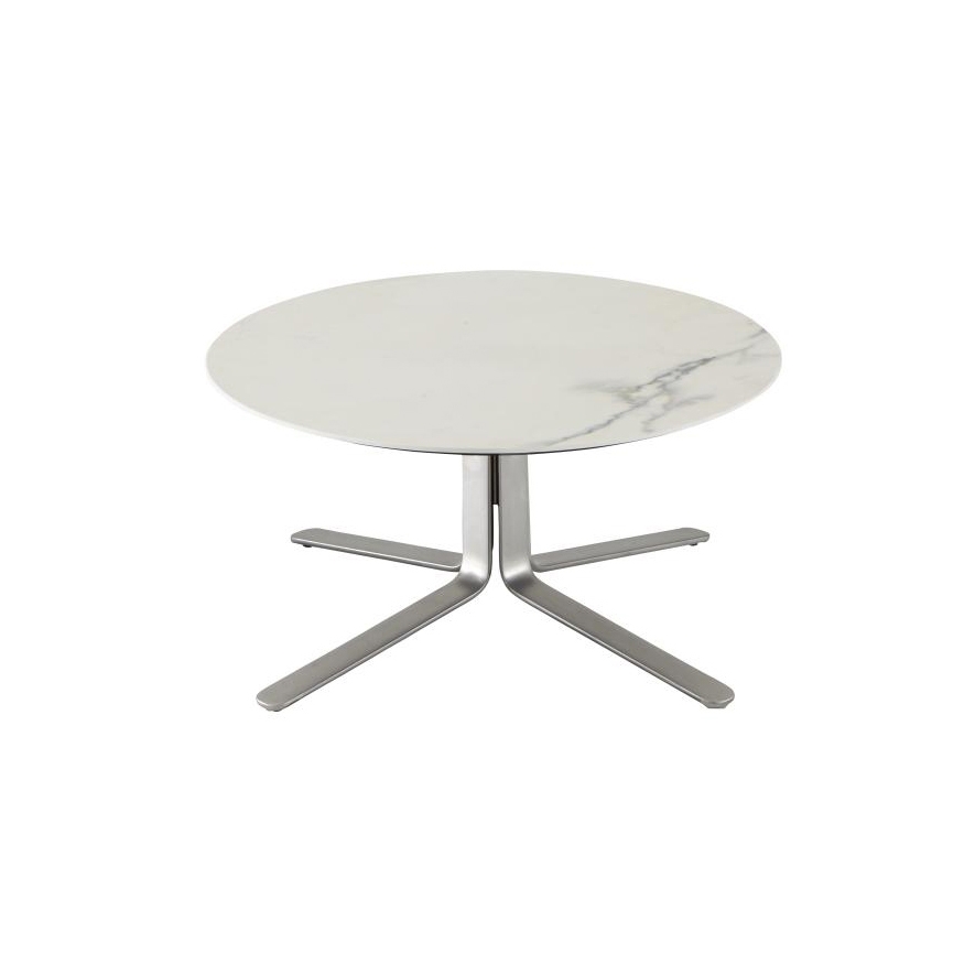 Moa | Low Table Chromed Base Top In White Marble-Effect Ceramic Stoneware