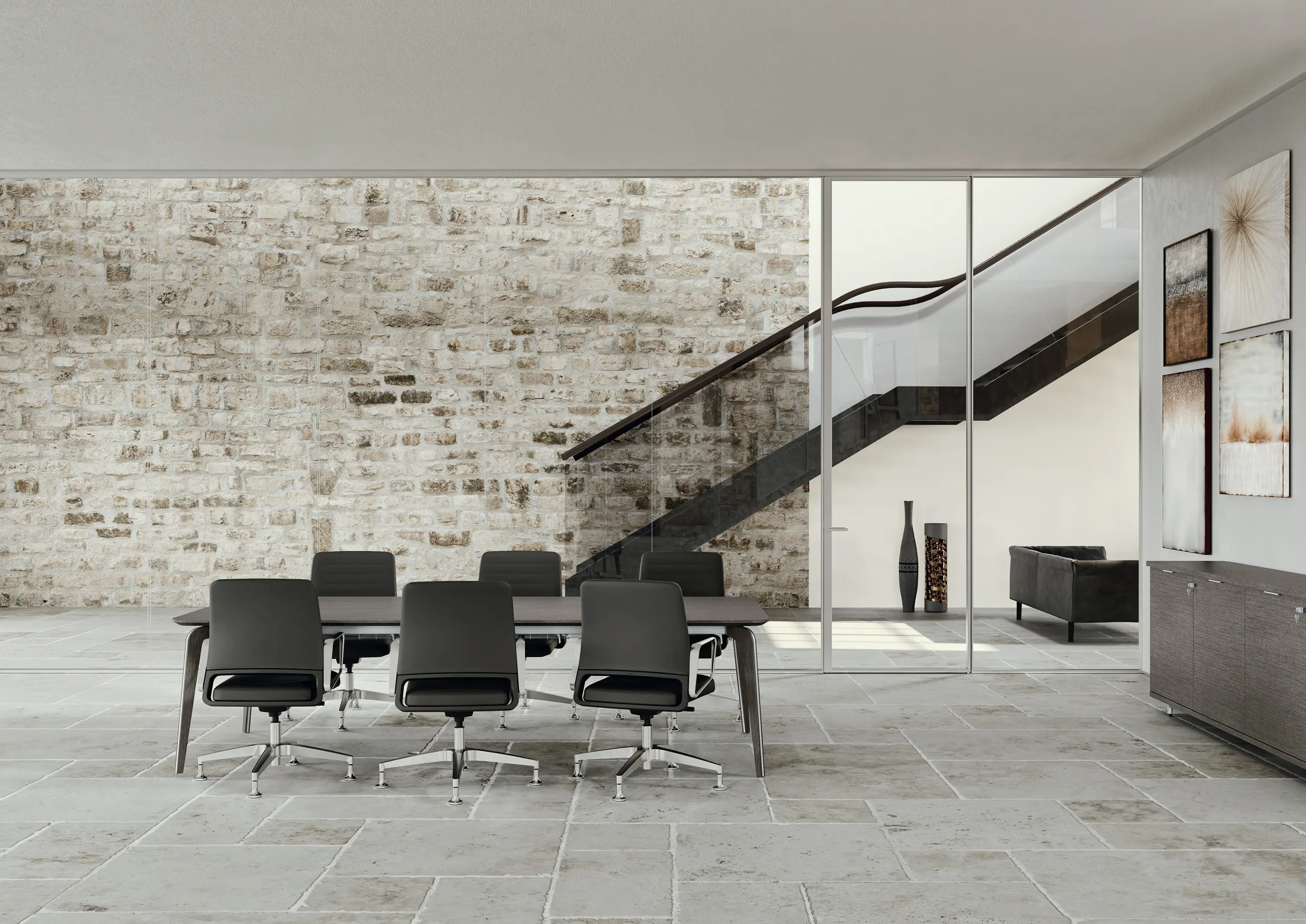 ALEA - A65 Glass wall with integrated wood veneer working wall