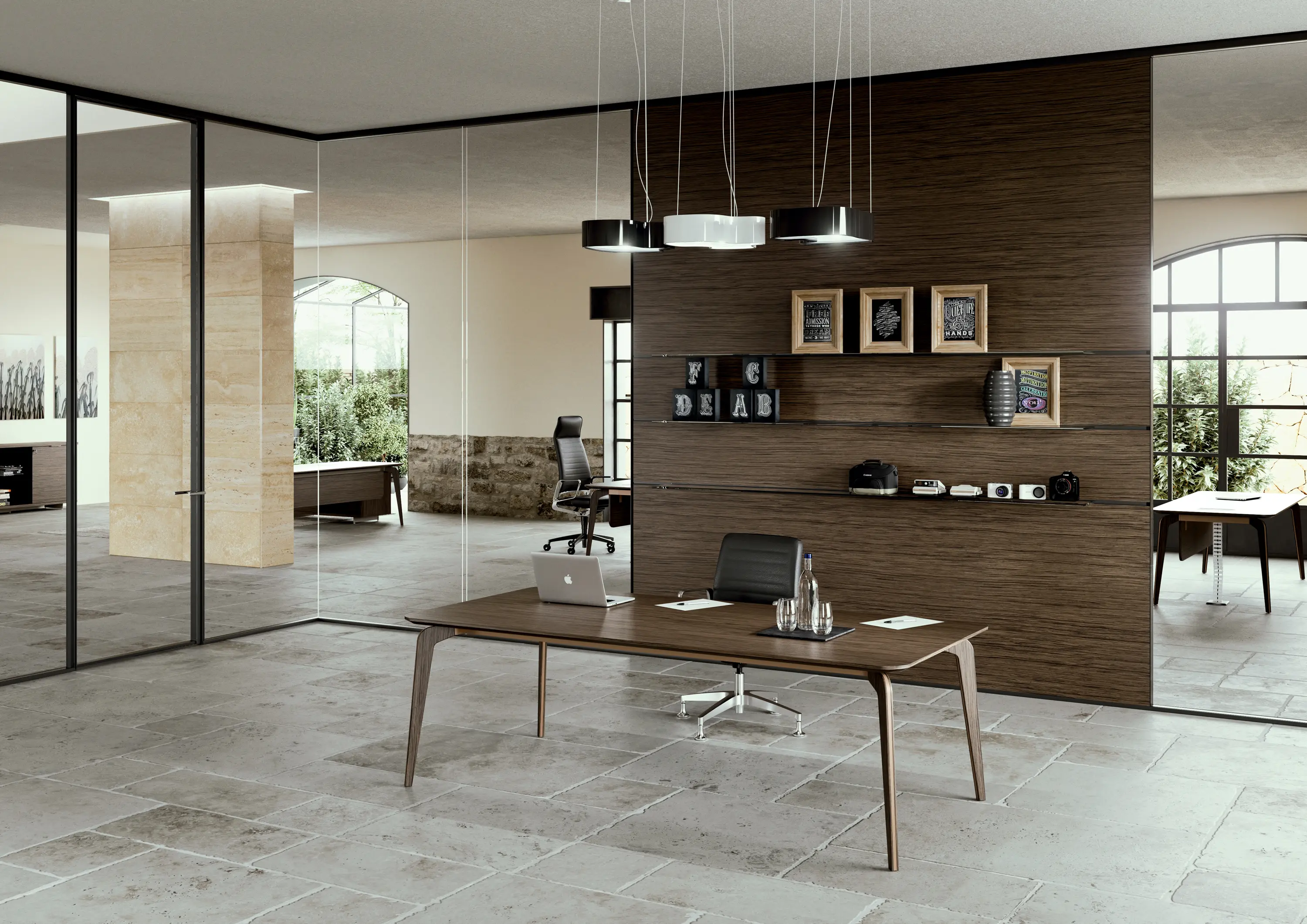 ALEA - A65 Glass wall with integrated wood veneer working wall