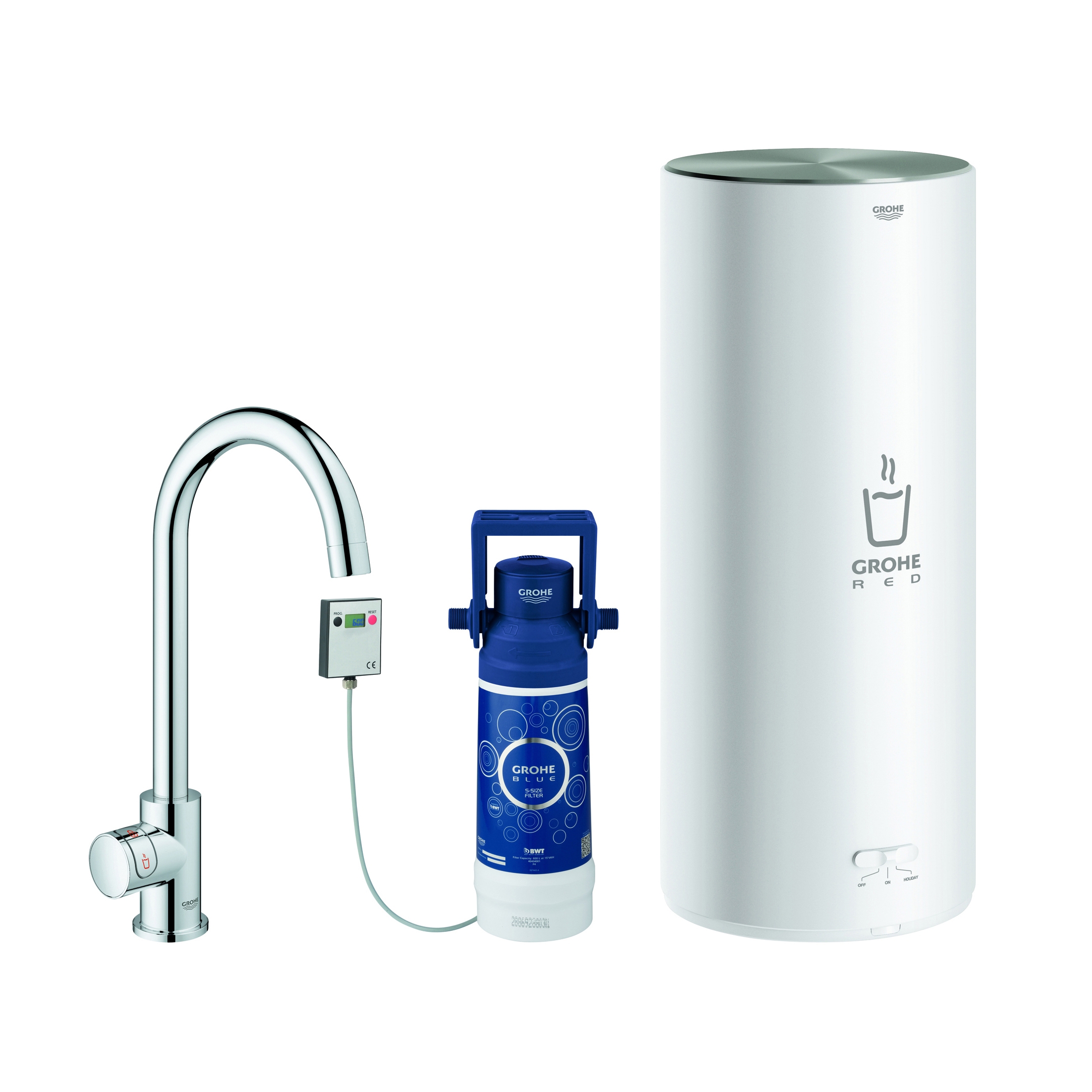 Display product GROHE Red Mono Pillar tap and L size boiler from manufacturer GROHE