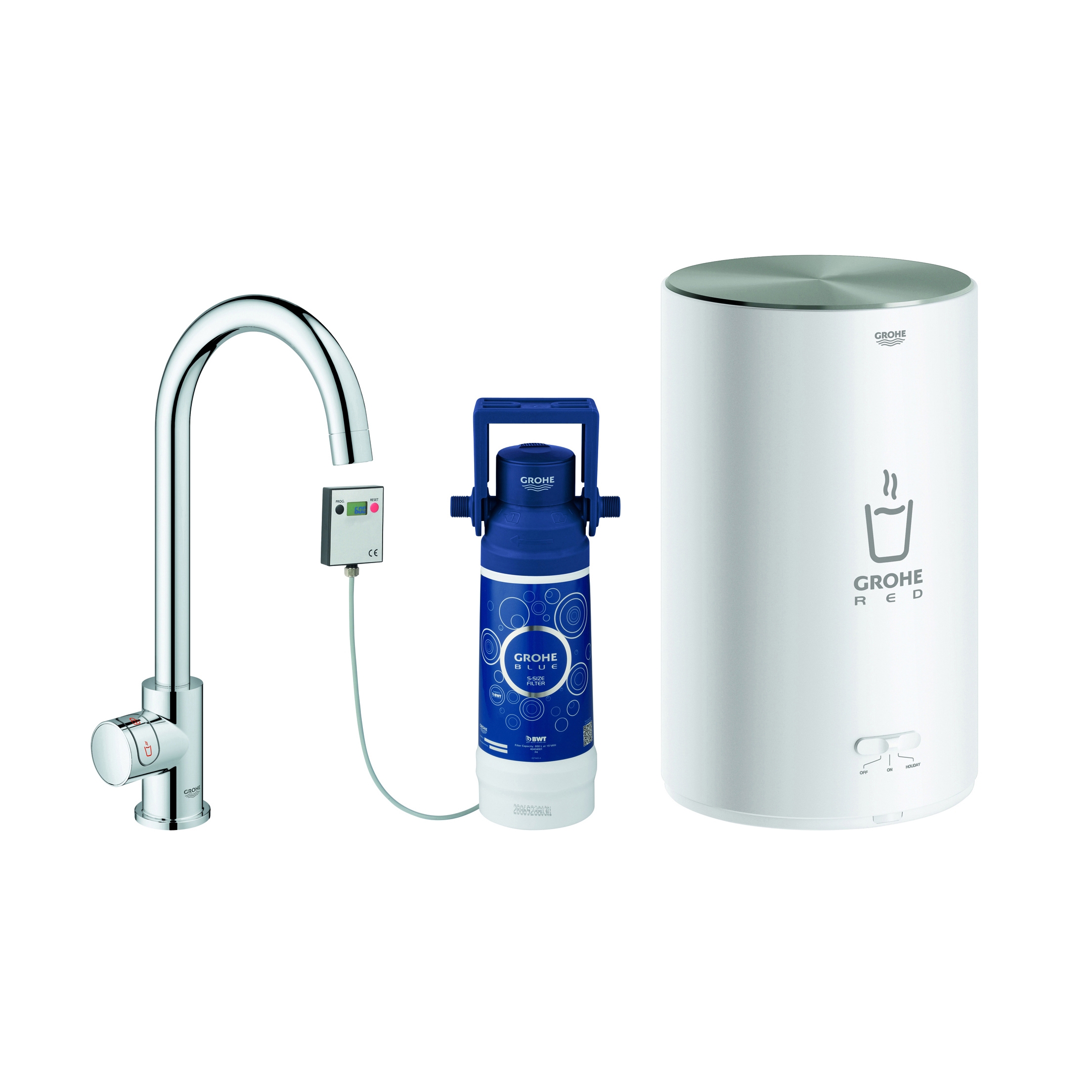 Display product GROHE Red Mono Pillar tap and M size boiler from manufacturer GROHE