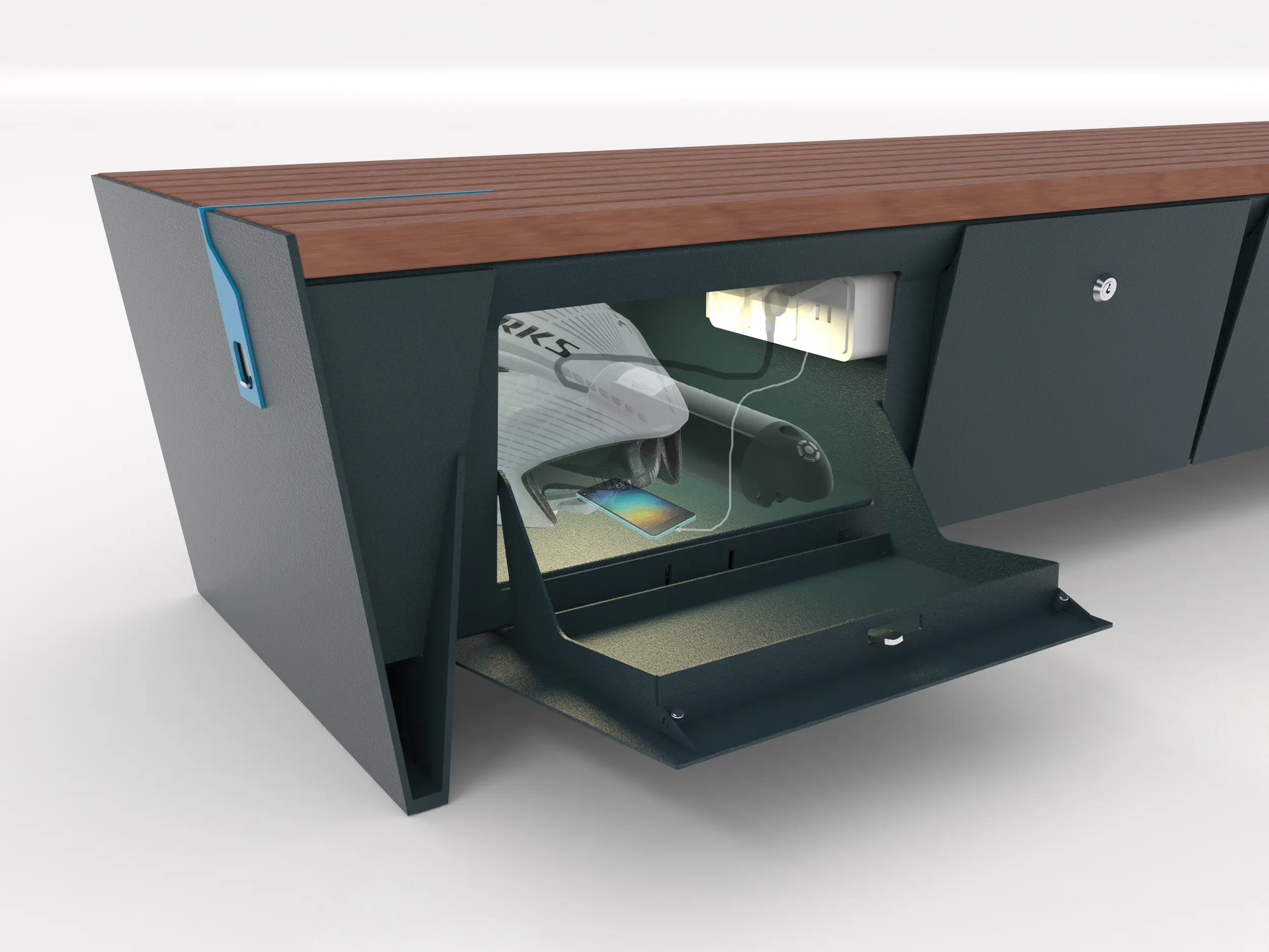 mmcité - eblocq | Park bench with integrated lockable storage boxes