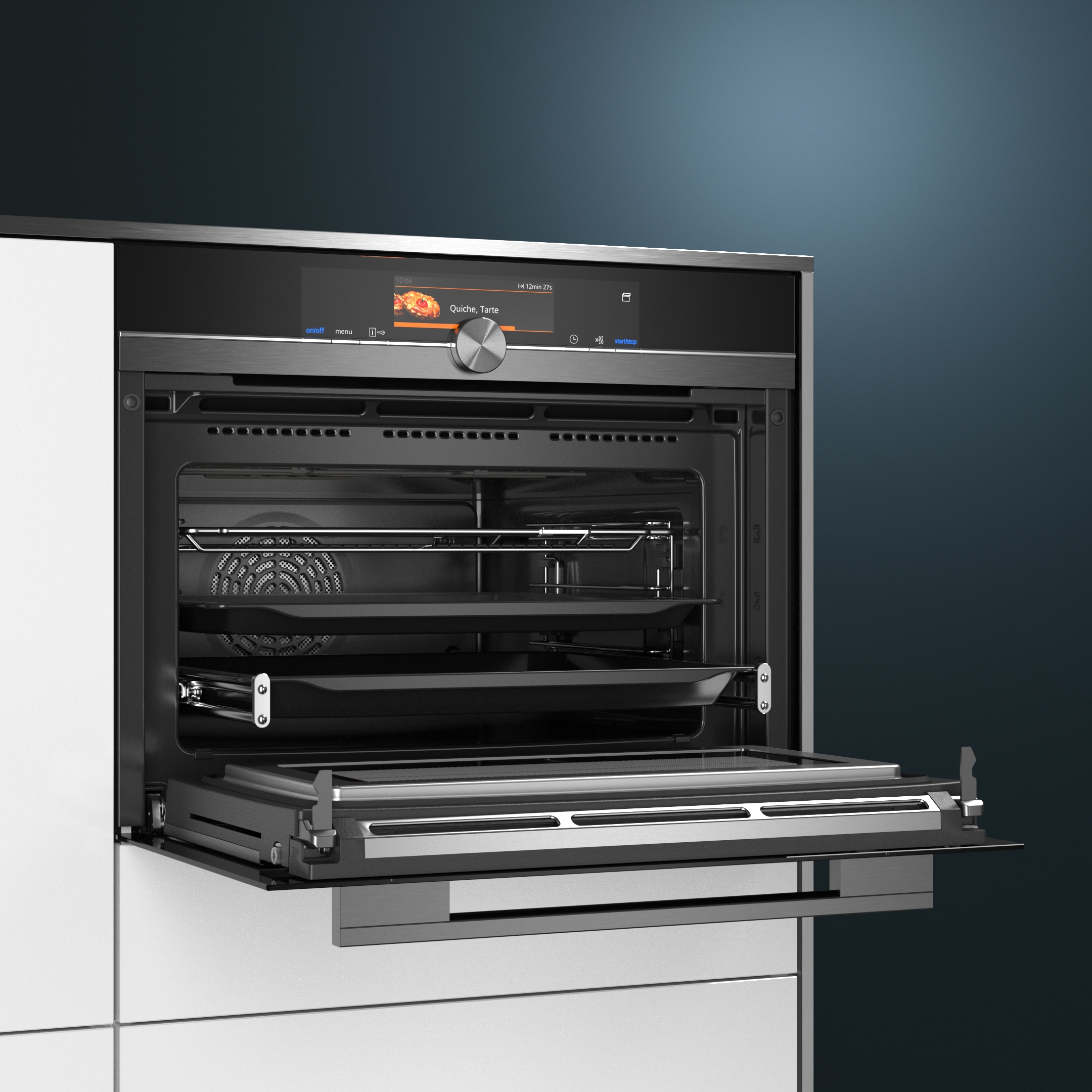 Mostrar el producto iQ700, Horno compacto con microondas y vapor añadido, 45 cm, Negro del fabricante Siemens Home Appliances