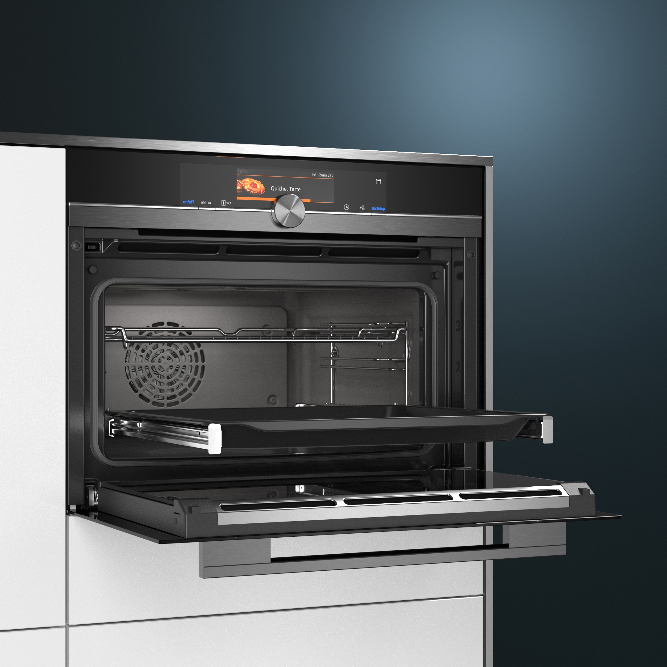 Mostrar el producto iQ700, Horno compacto con vapor, 45 cm, Negro del fabricante Siemens Home Appliances