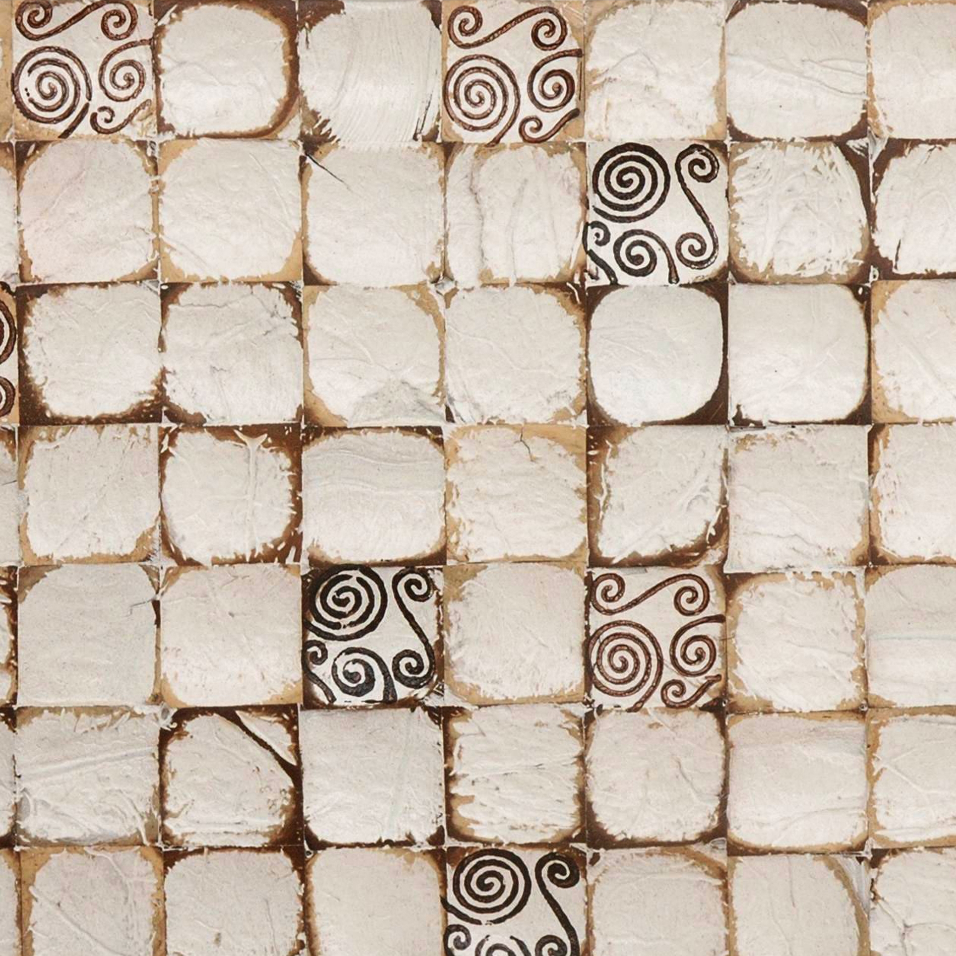 Cocomosaic wall tiles white patina with spiral brown stamp