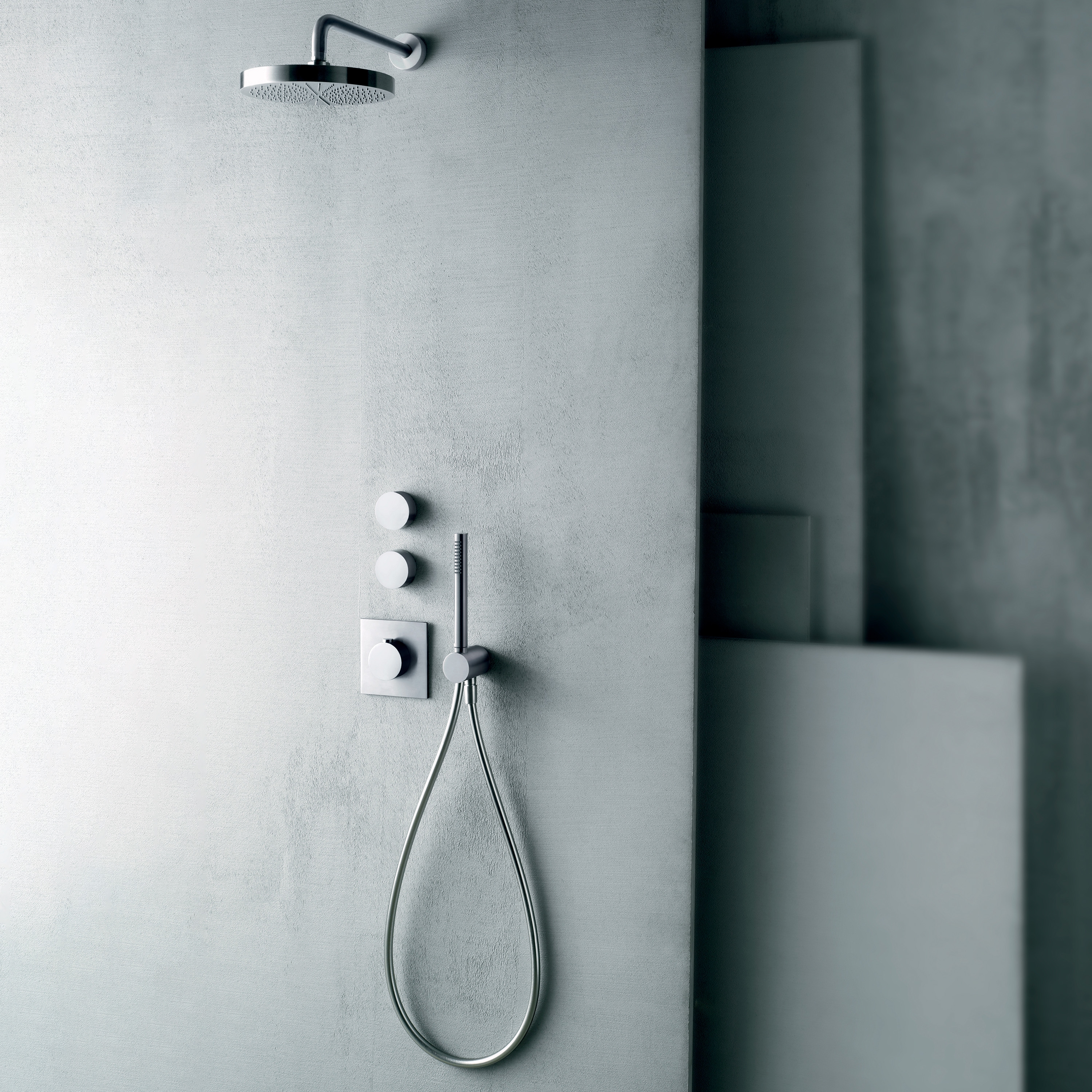 Display product AF/21 Aboutwater Boffi e Fantini | 3/4'' built-in thermostatic shower mixer, 3/4'' stop valve, shower arm, Rain showerhead, Shower set from manufacturer Fantini