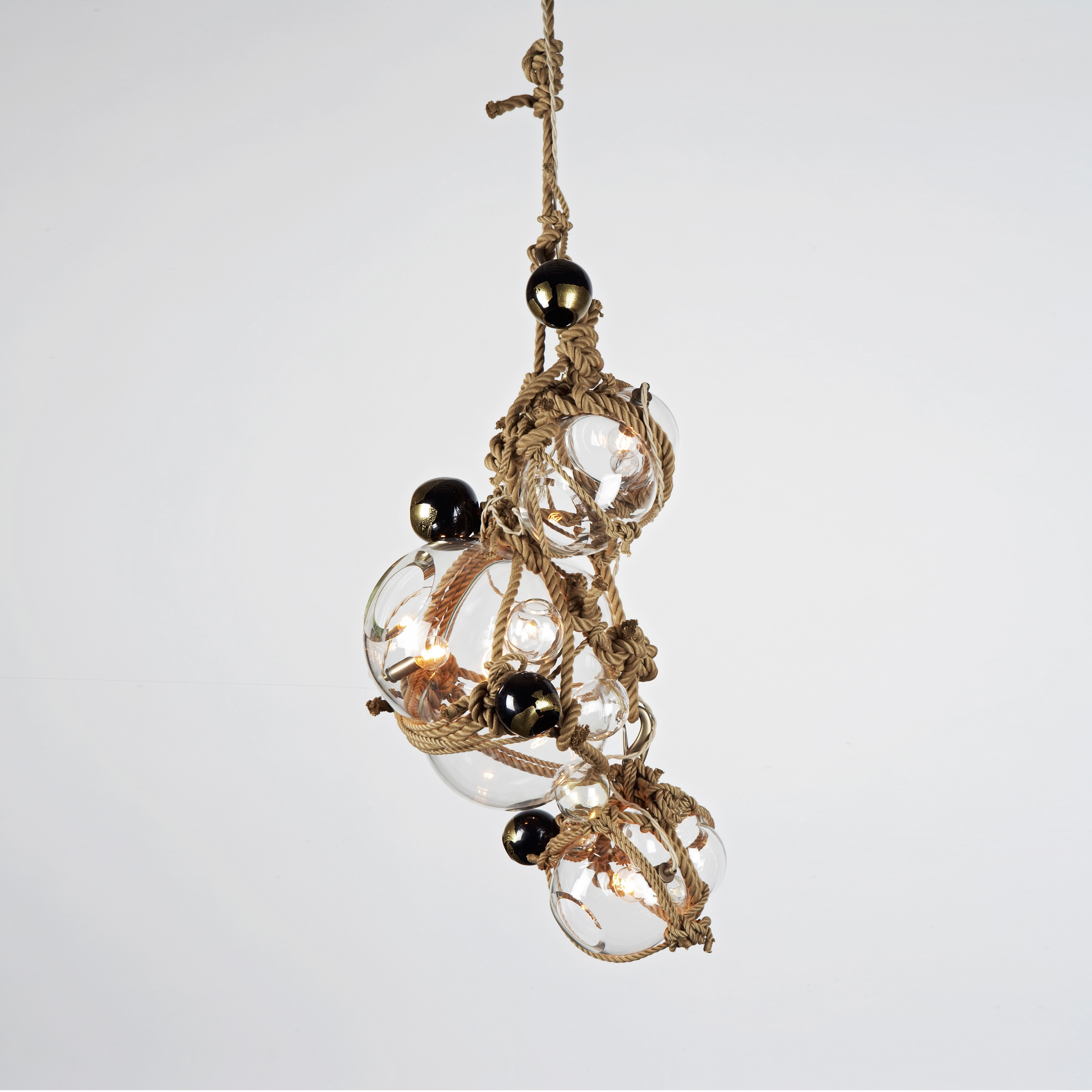 Display product Knotty Bubbles Chandelier - 1 Lg, 2 Sm Bubbles, 5 Barnacles (Khaki/Clear) from manufacturer Roll & Hill