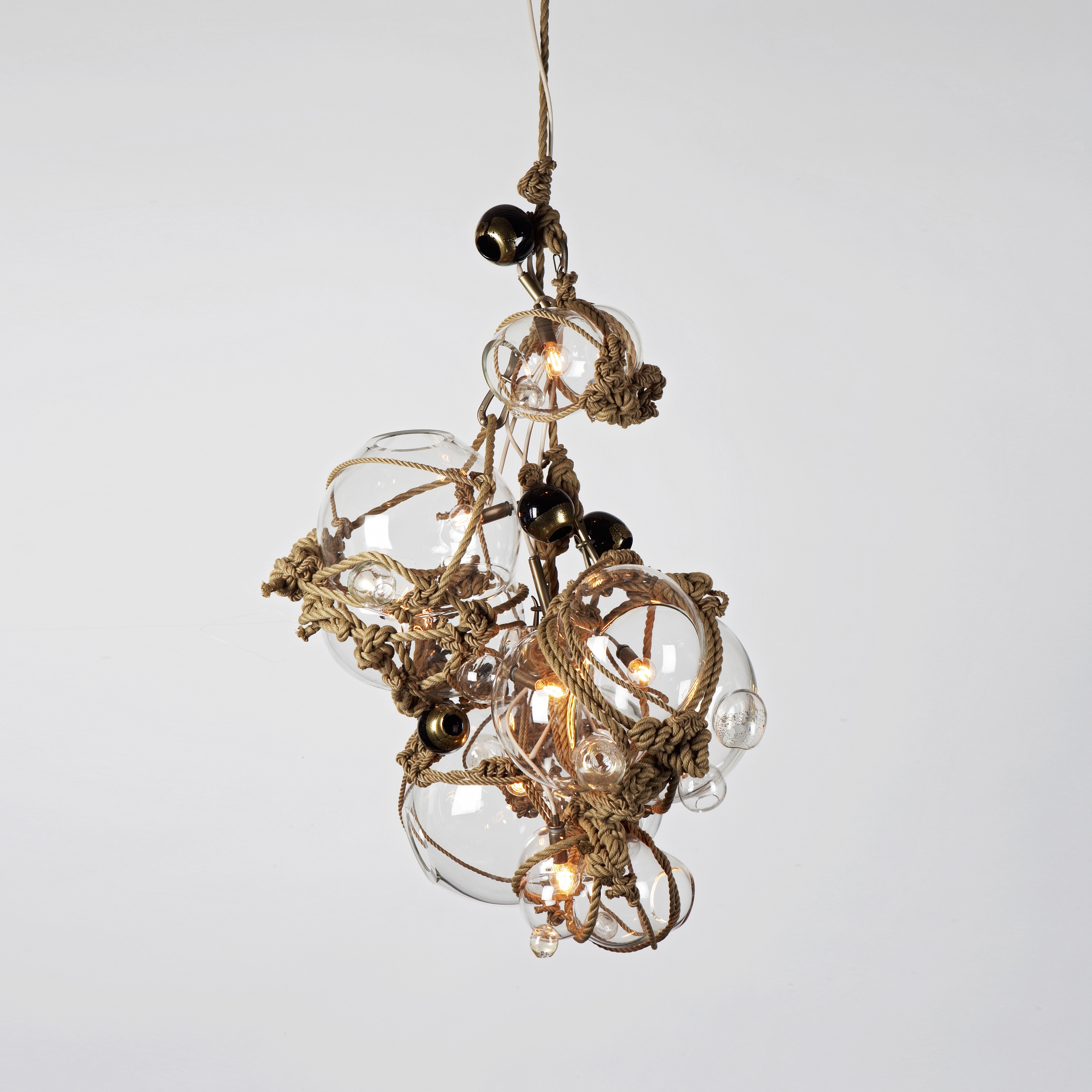 Display product Knotty Bubbles Chandelier - 3 Lg, 2 Sm Bubbles, 5 Barnacles (Khaki/Clear) from manufacturer Roll & Hill