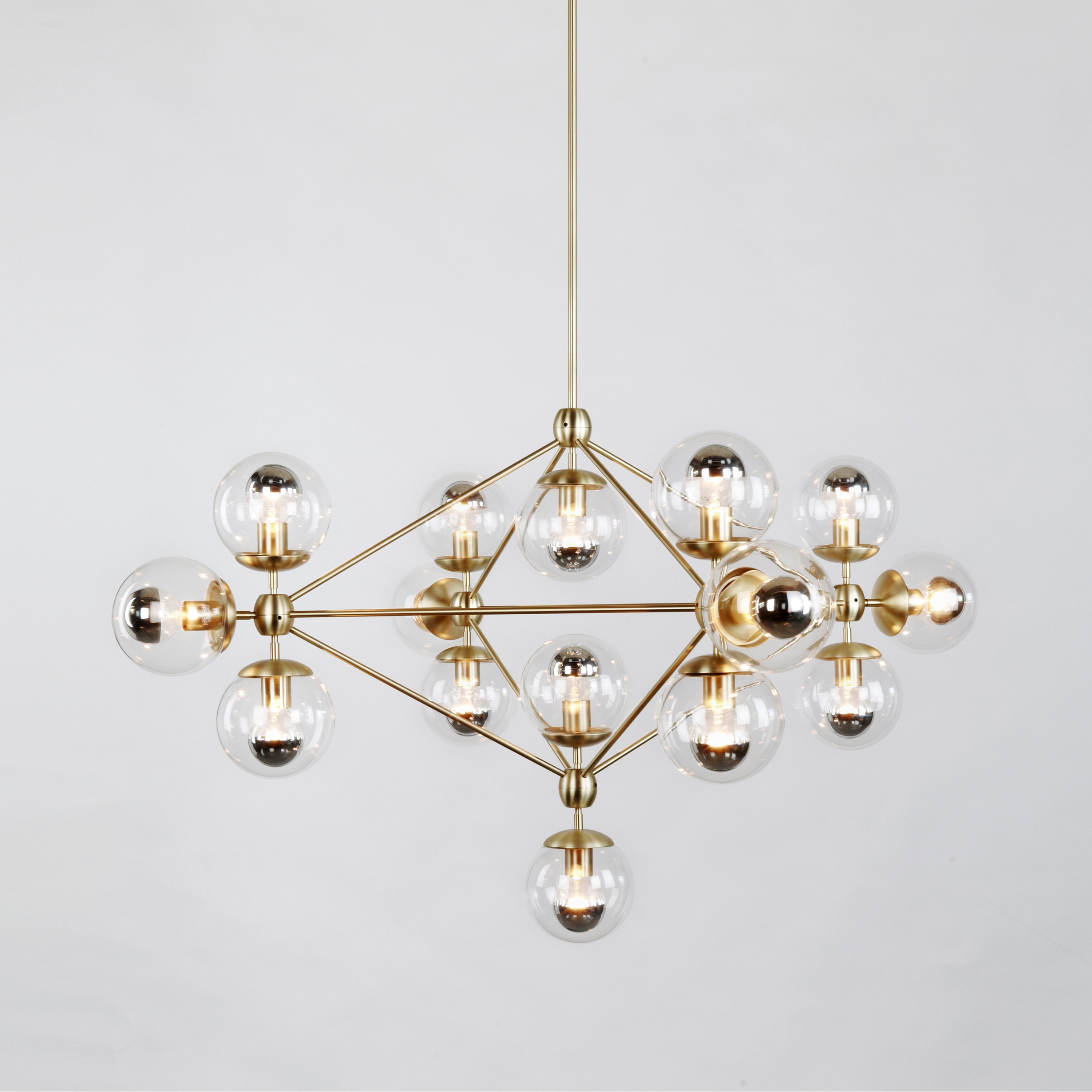 Display product Modo Chandelier - 4 Sided, 15 Globes (Brass/Clear) from manufacturer Roll & Hill