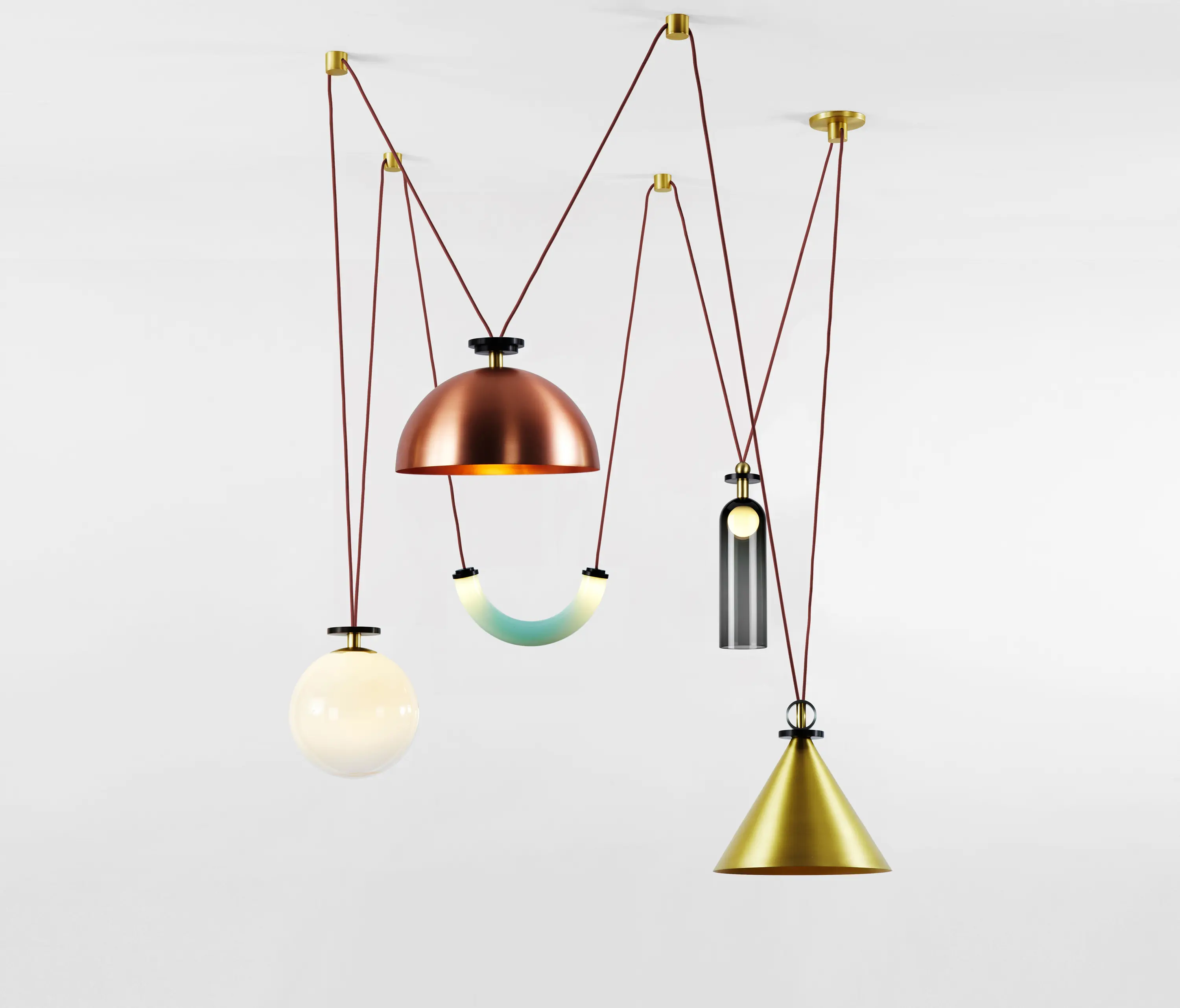 Roll & Hill - Shape Up 5-Piece Chandelier (Brushed brass cone/Brushed copper hemisphere)