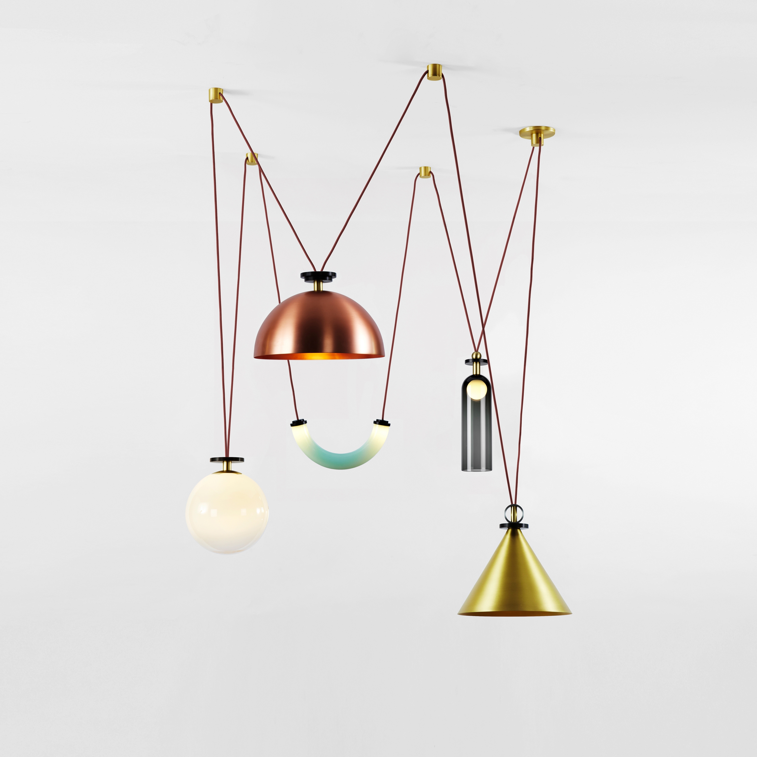 Display product Shape Up 5-Piece Chandelier (Brushed brass cone/Brushed copper hemisphere) from manufacturer Roll & Hill