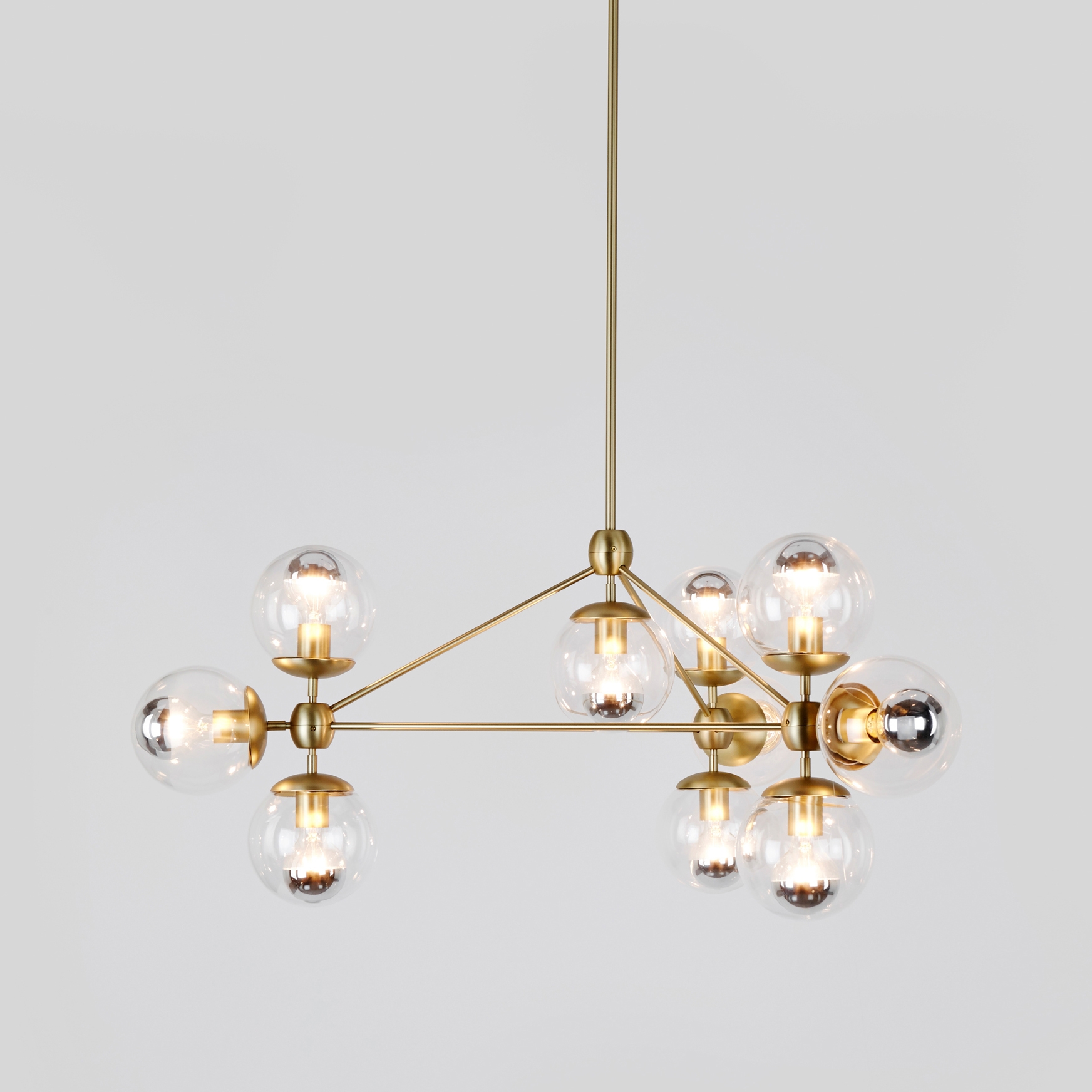 Display product Modo Chandelier - 3 Sided, 10 Globes (Brass/Clear) from manufacturer Roll & Hill