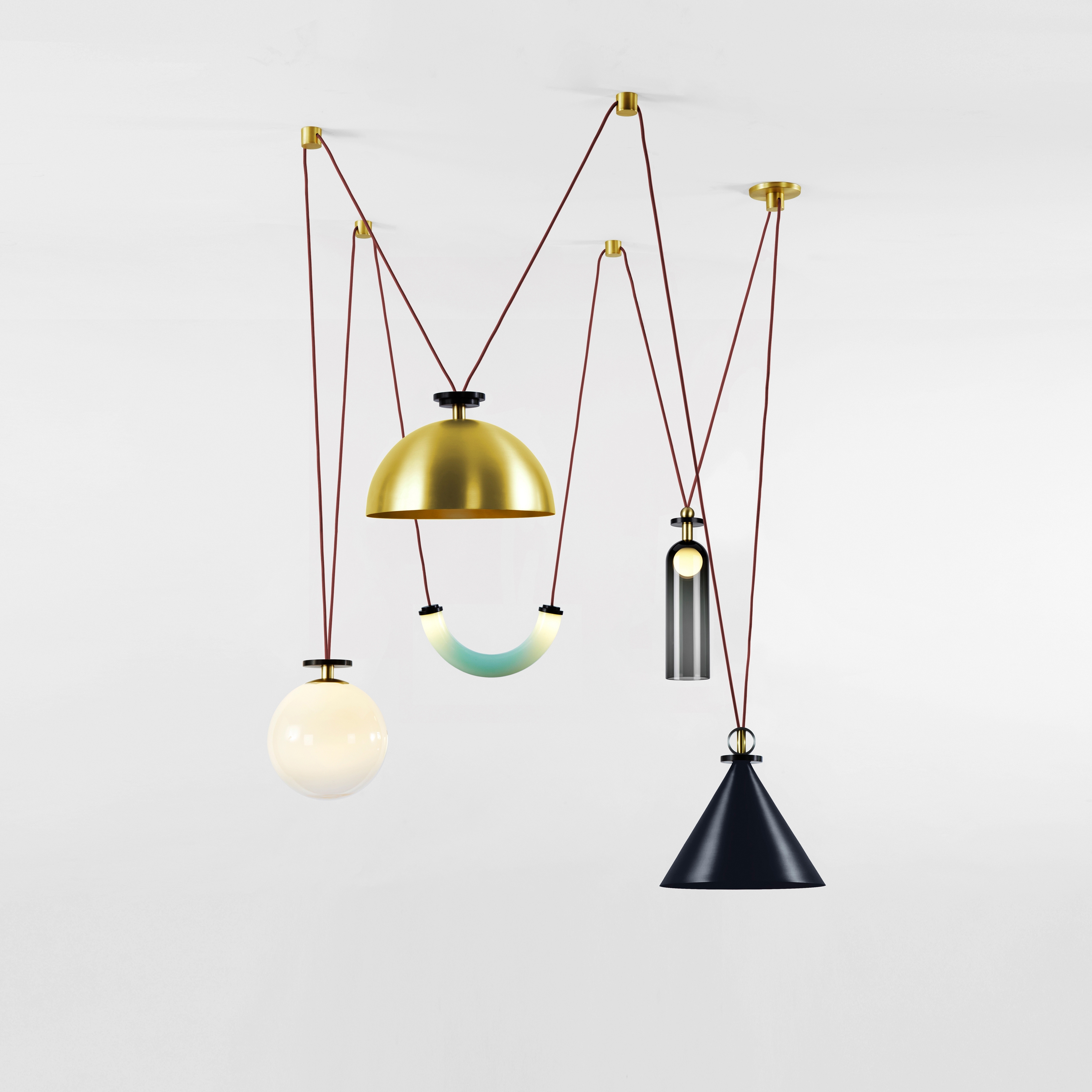 Shape Up 5-Piece Chandelier (Blackened steel cone/Brushed brass hemisphere)