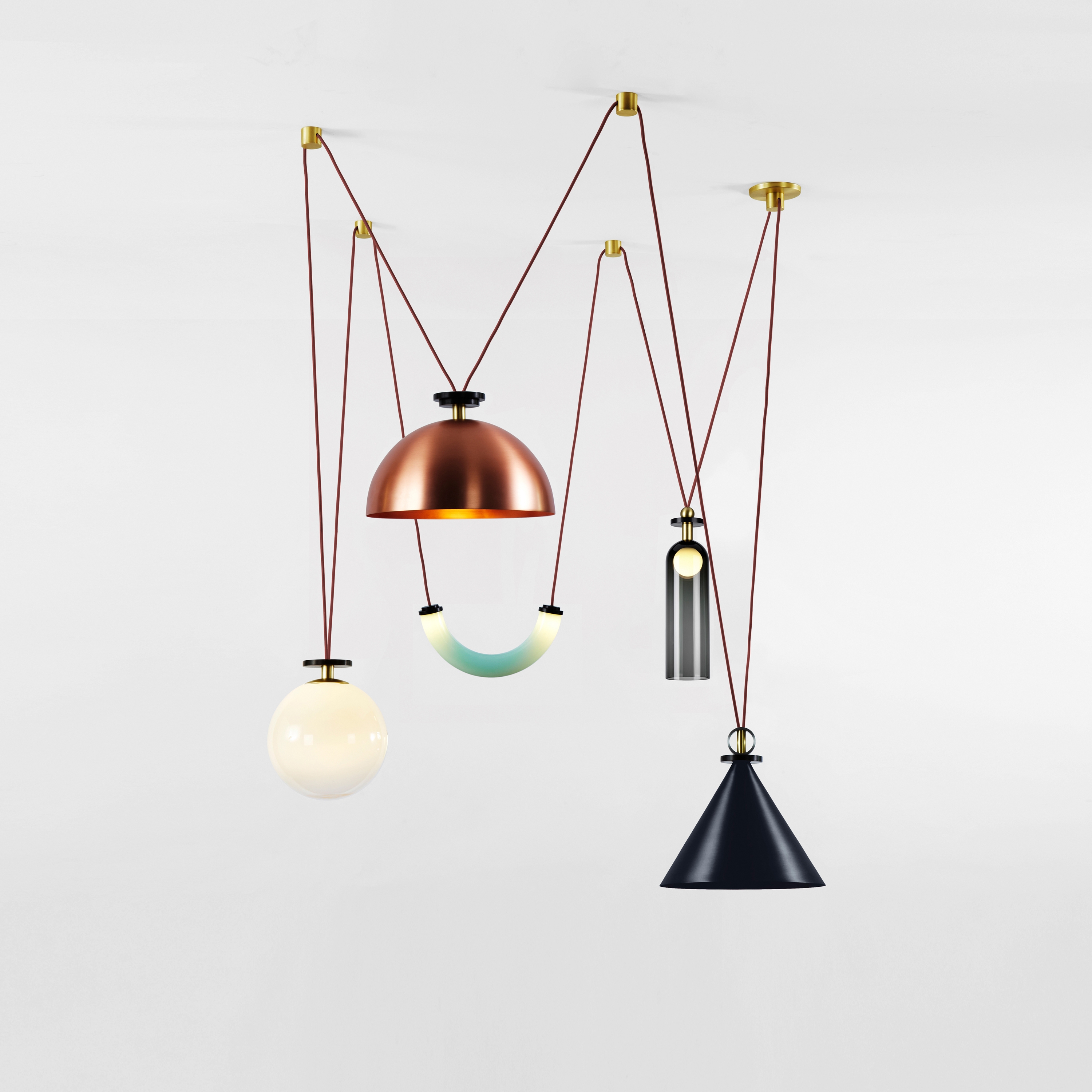 Shape Up 5-Piece Chandelier (Blackened steel cone/Brushed copper hemisphere)