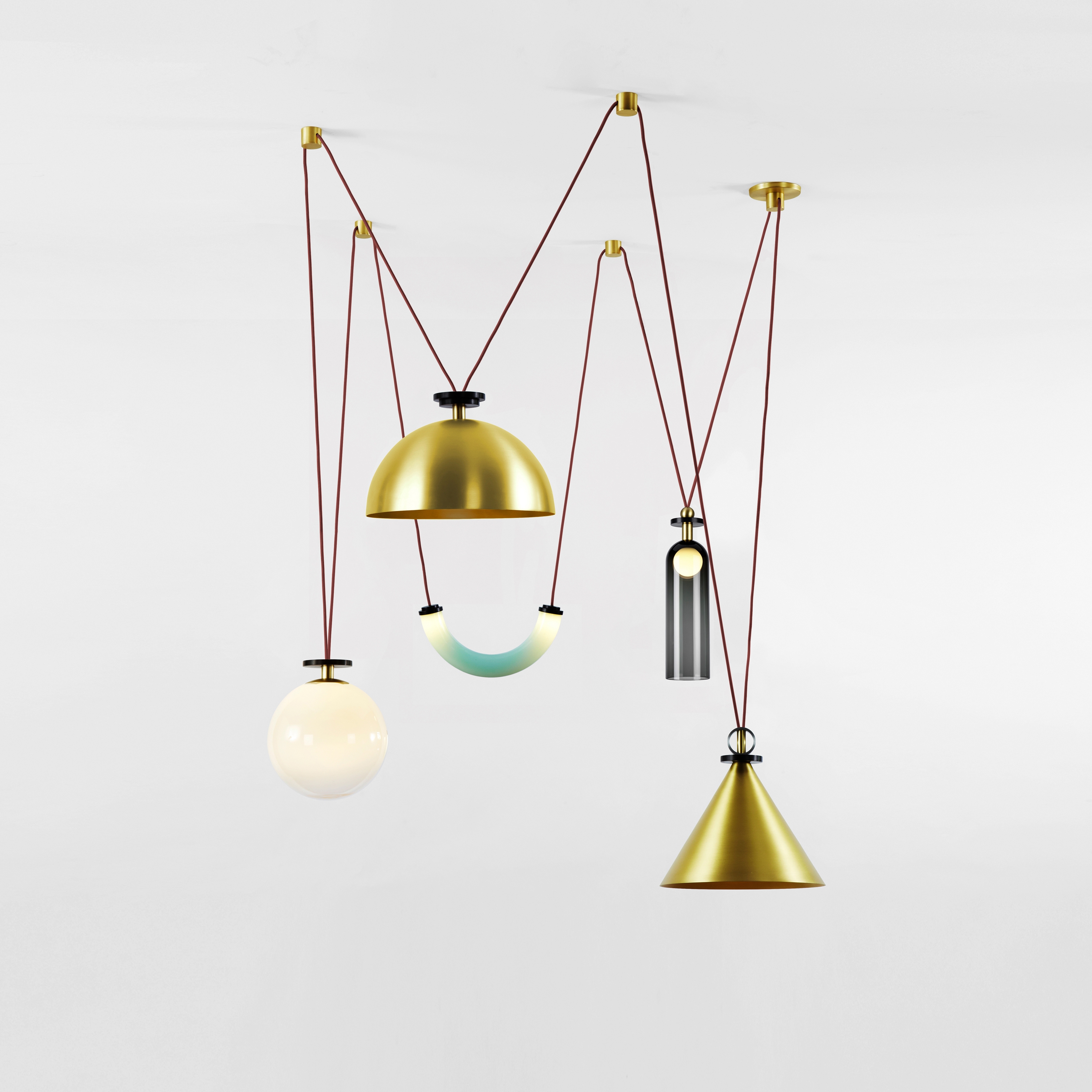 Shape Up 5-Piece Chandelier (Brushed brass cone/Brushed brass hemisphere)