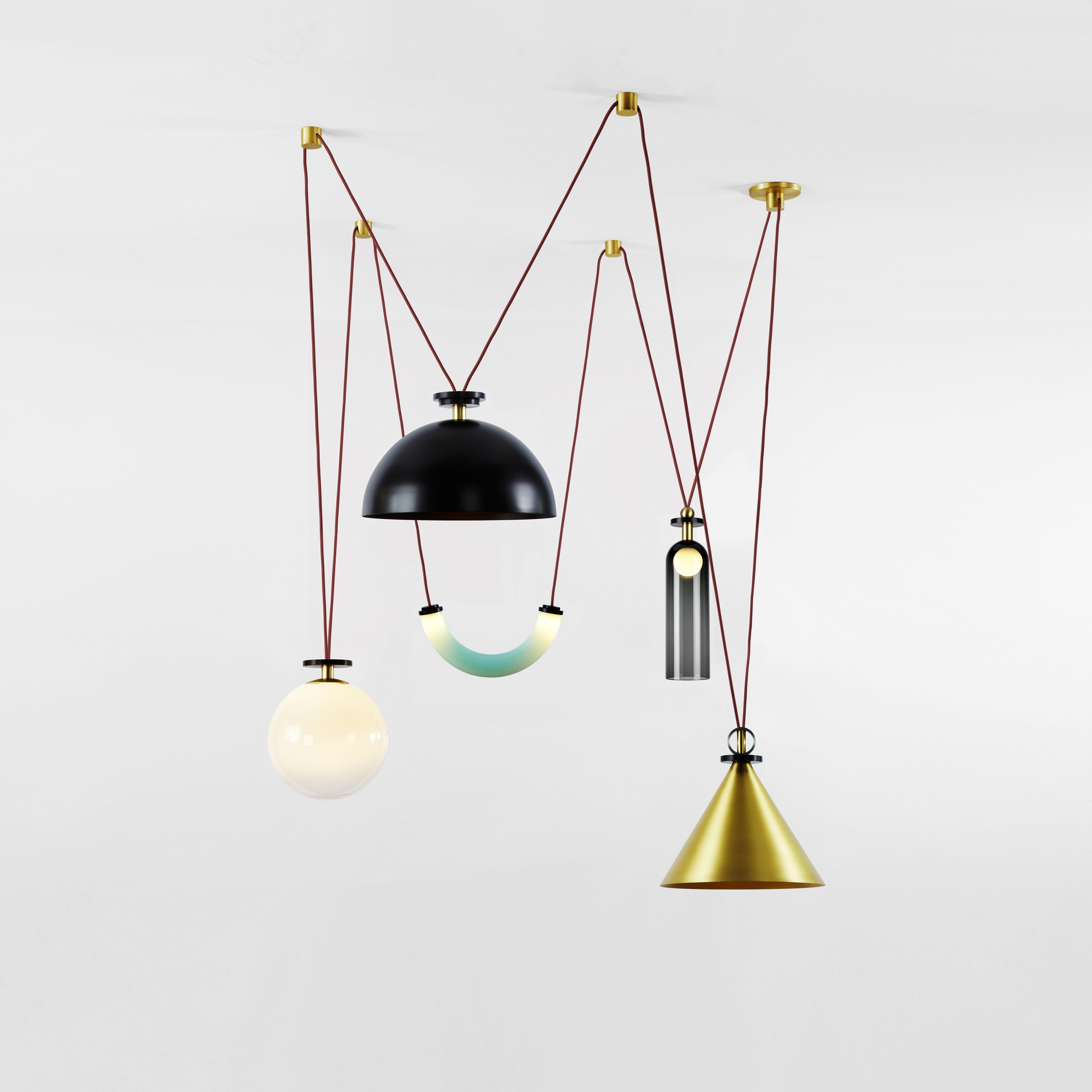 Shape Up 5-Piece Chandelier (Brushed brass cone/Blackened steel hemisphere)