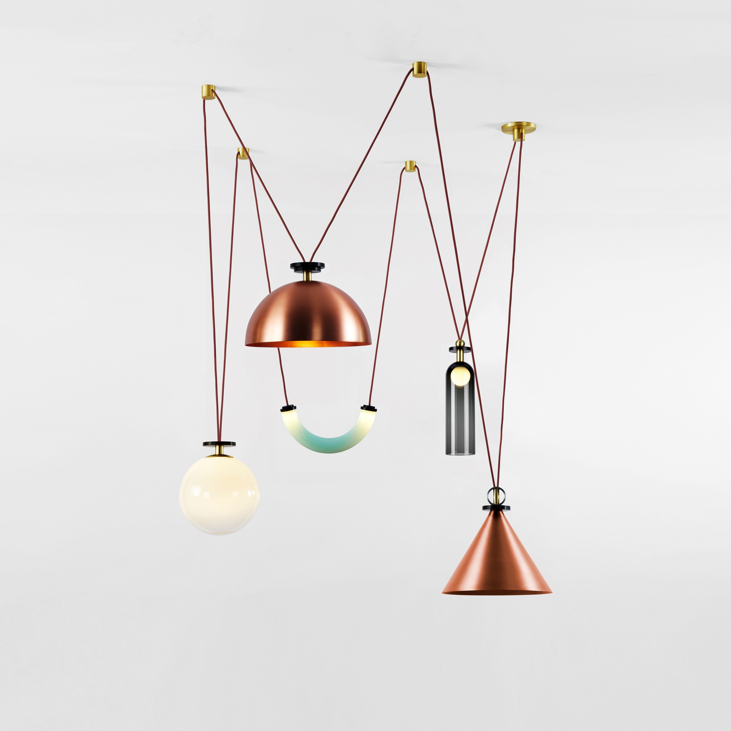 Shape Up 5-Piece Chandelier (Brushed copper cone/Brushed copper hemisphere)