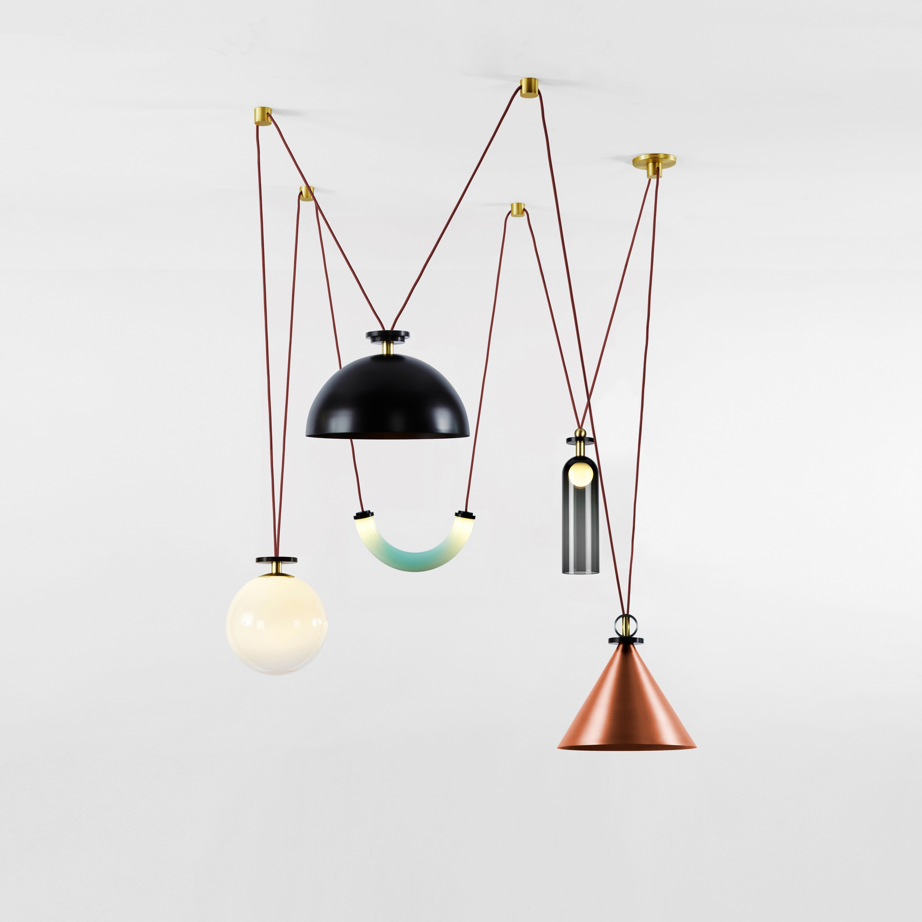 Shape Up 5-Piece Chandelier (Brushed copper cone/Blackened steelhemisphere)