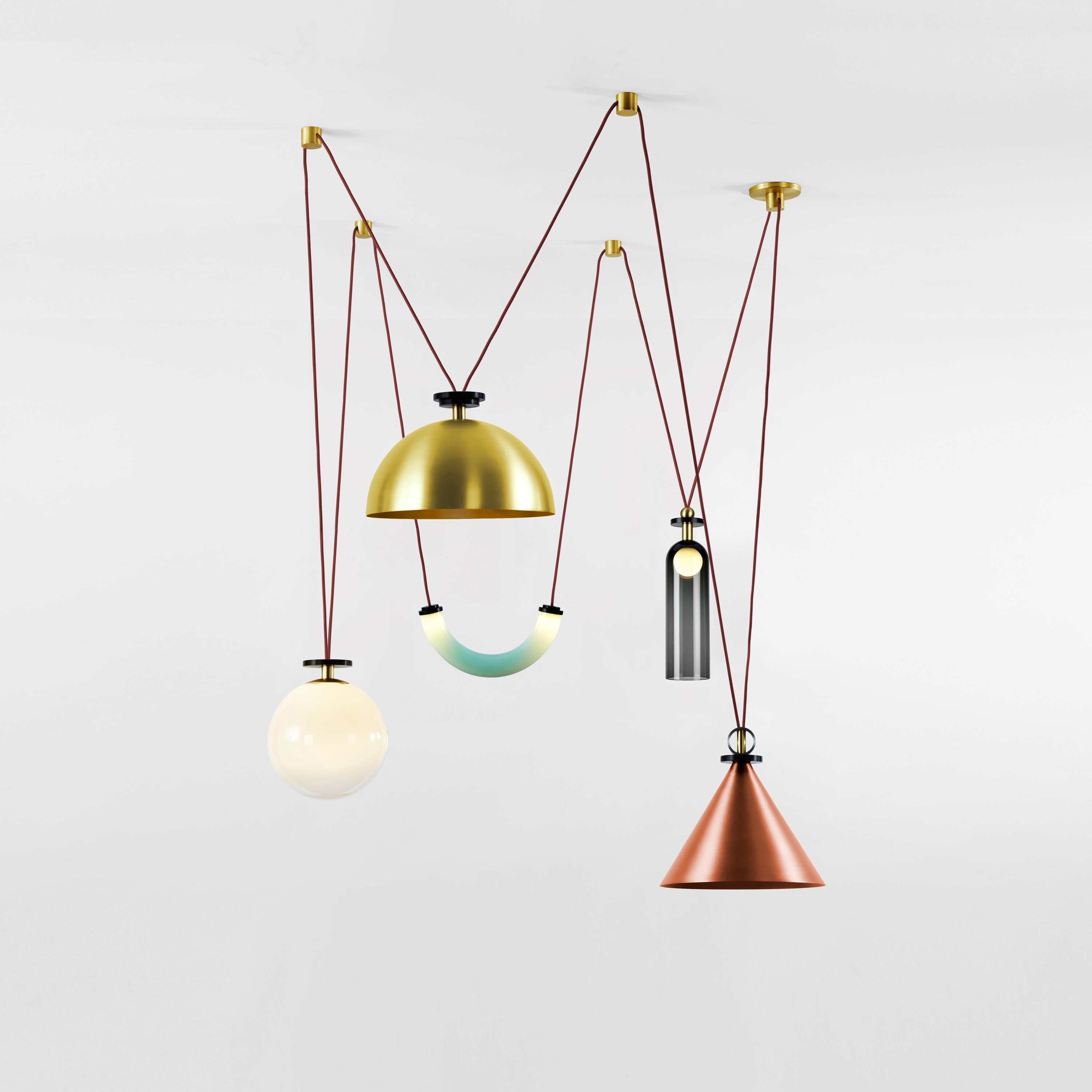 Shape Up 5-Piece Chandelier (Brushed copper cone/Brushed brass hemisphere)