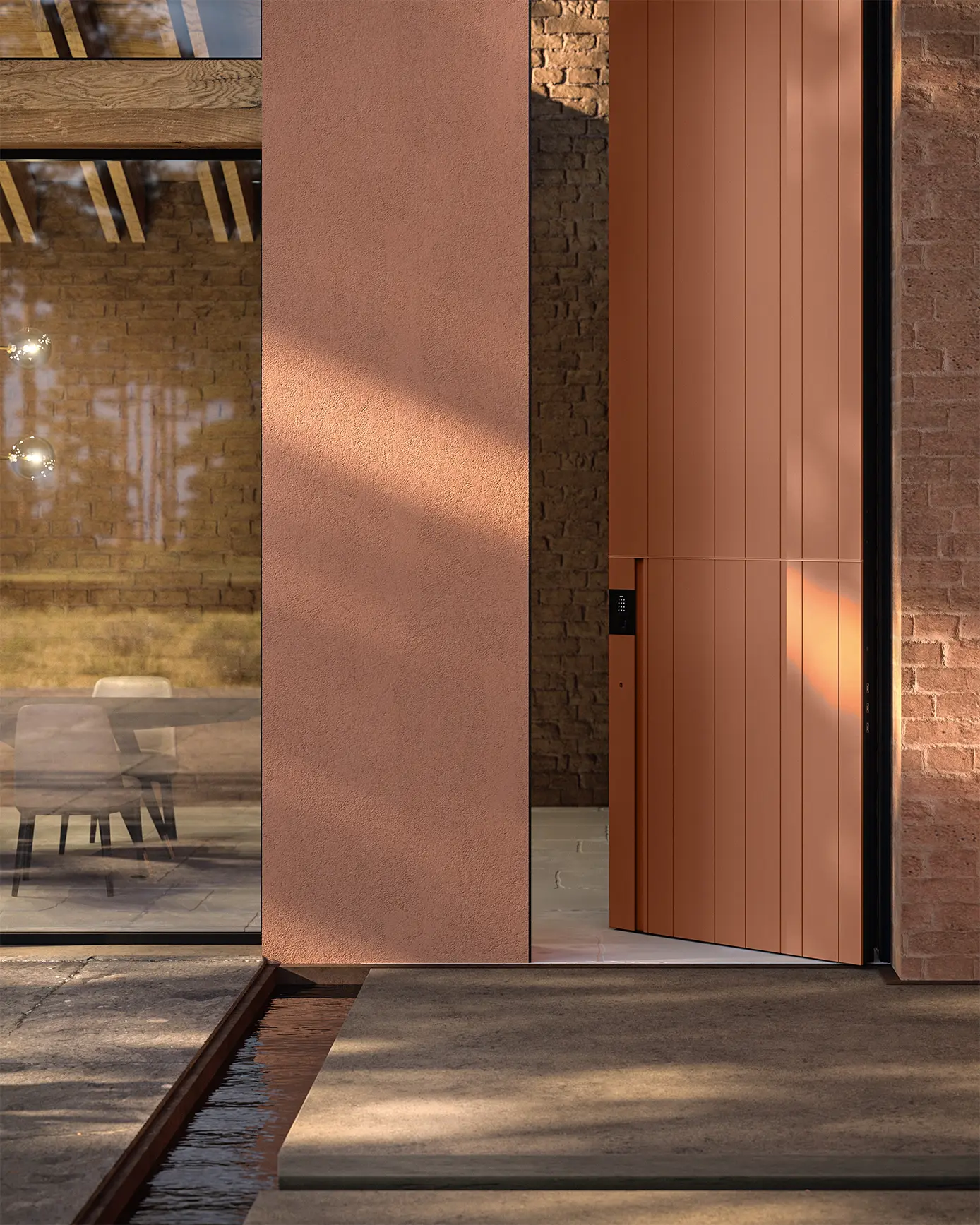 Oikos Venezia – Architetture d’ingresso - Synua | Porta blindata a bilico verticale con rivestimento in alluminio