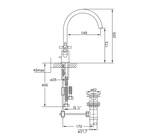 Steinberg - 250 1500 Single hole basin mixer with pop up waste 1 ¼“